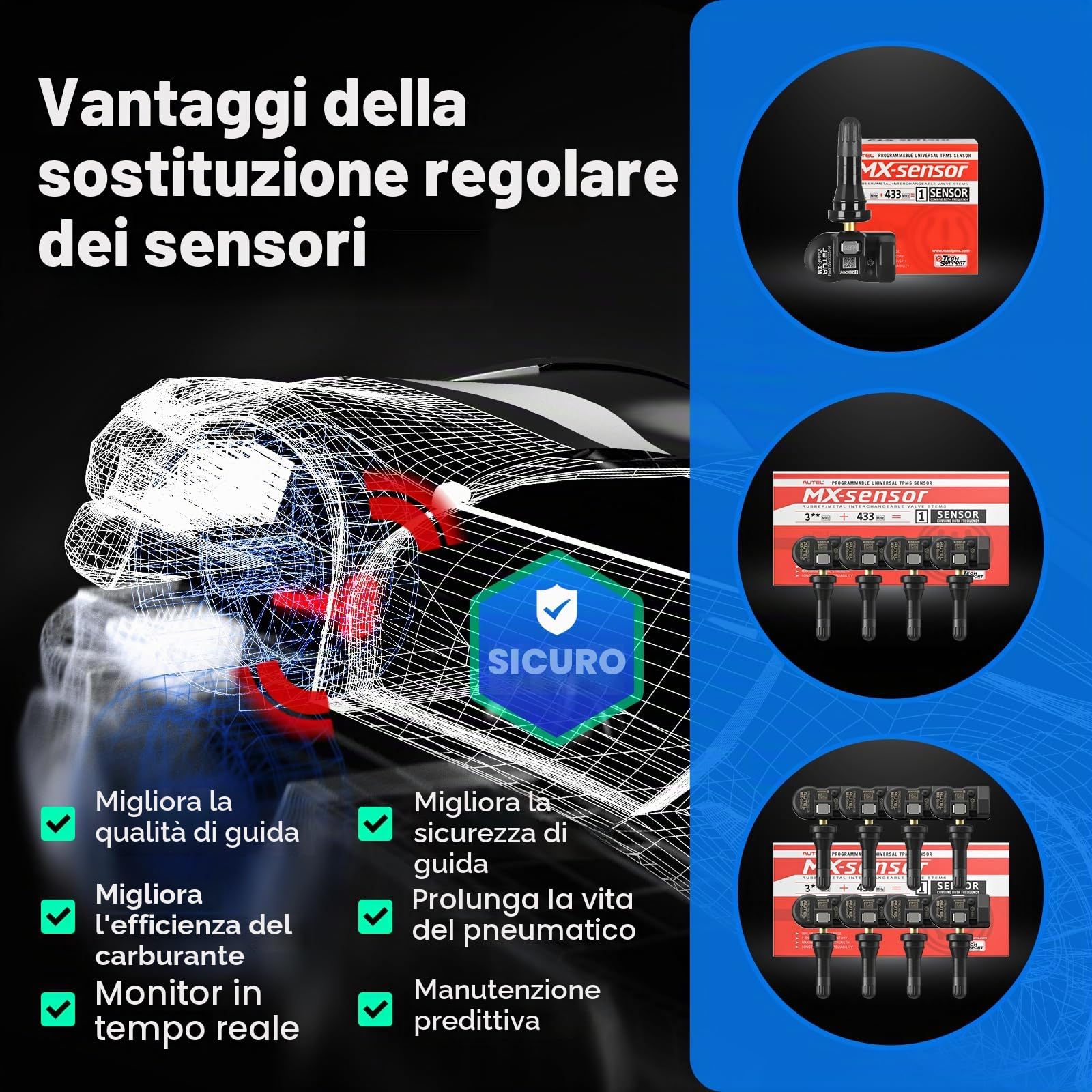 Autel MX-Sensor TPMS Sensore, Doppia Frequenza, Livello OE per 98% Autos, Sensore Pneumatici Programmabile 100%, Compatibili con TS408S TS508WF TS501PRO TS601 Strumento TPMS (Valvola in Gomma, 4PCS)