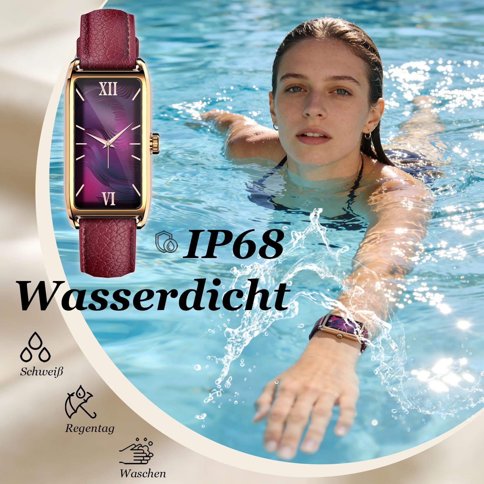 findtime Fitness Tracker Damen Schmal Elegant Luxuriös Classic Smartwatch Damenuhr Fitnessuhr für Frauen Aktivitätstracker Pulsuhr Sportuhr mit Herzfrequenz Schlafmonitor Schrittzähler Rechteckig Rot