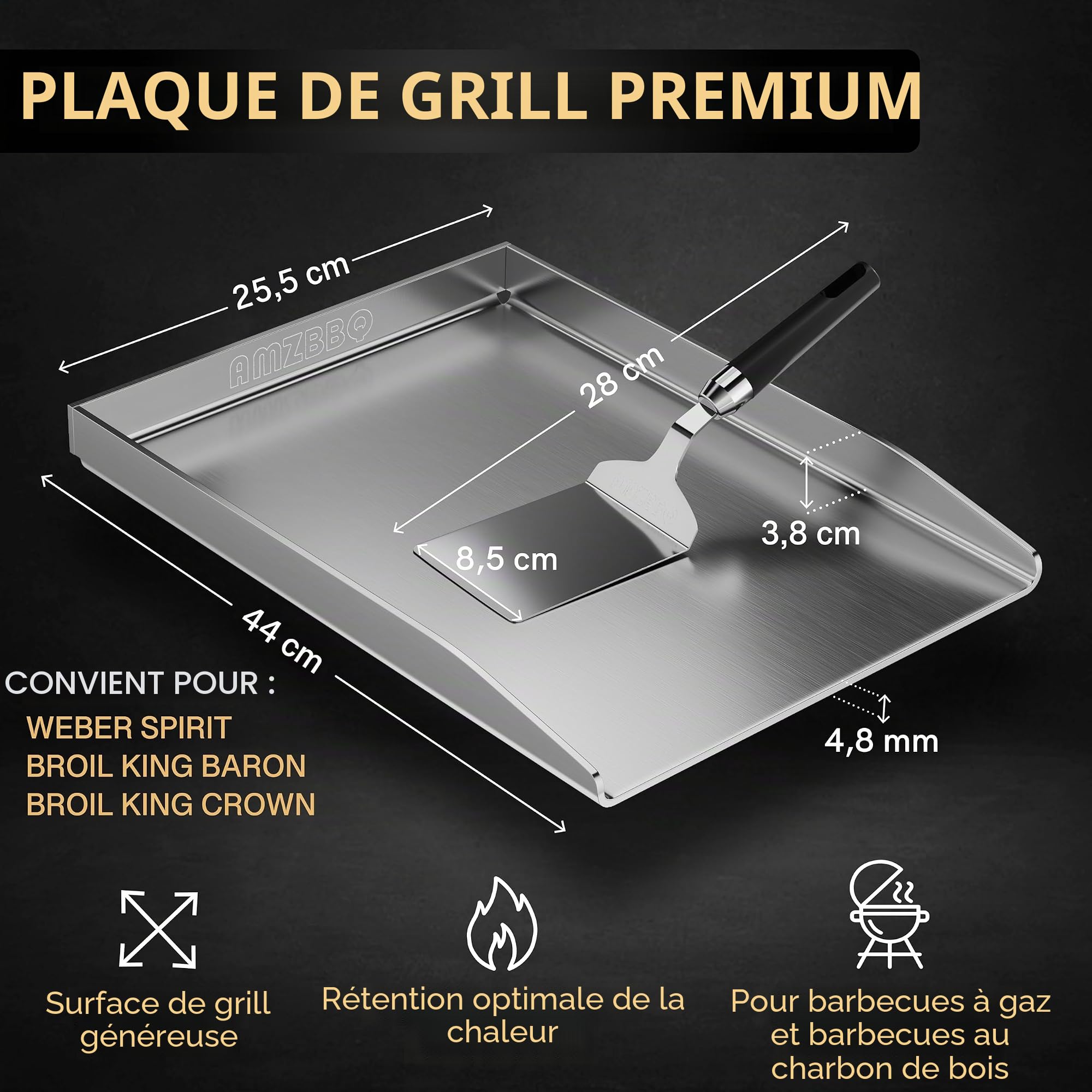 AMZBBQ® Lot de plancha de qualité supérieure - Pour barbecue à gaz Weber Spirit / Broil King Baron et Crown - Environ 5 mm - 20 % plus résistant que les planchas traditionnelles - Plaque de cuisson