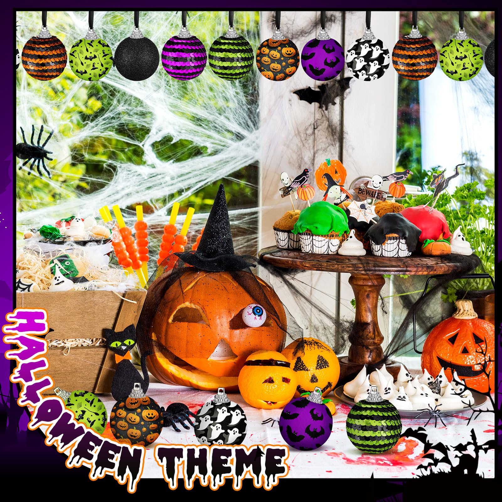 Zeyune 16 szt. Halloween bombki 5 cm brokatowe ozdoby choinkowe na Halloween z cekinami dekoracje choinkowe na imprezę Halloween wisząca dekoracja