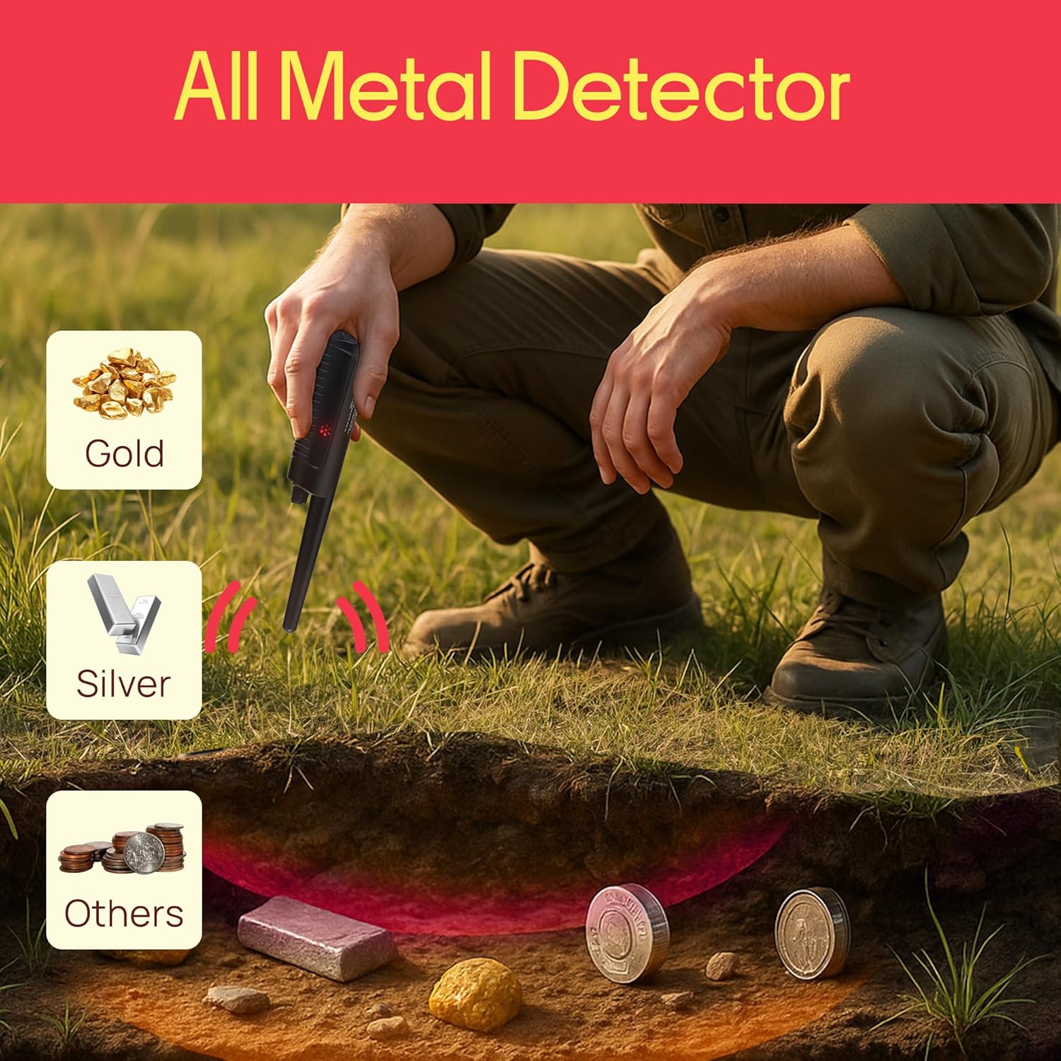 Pyle Handheld Metal Detector Pinpointer– Waterproof Submersible Probe, Adjustable Sensitivity,LED & Vibration Alerts,Low Battery Indicator,Automatic Power Off – Perfect for Ground, Dirt, Sand & Water