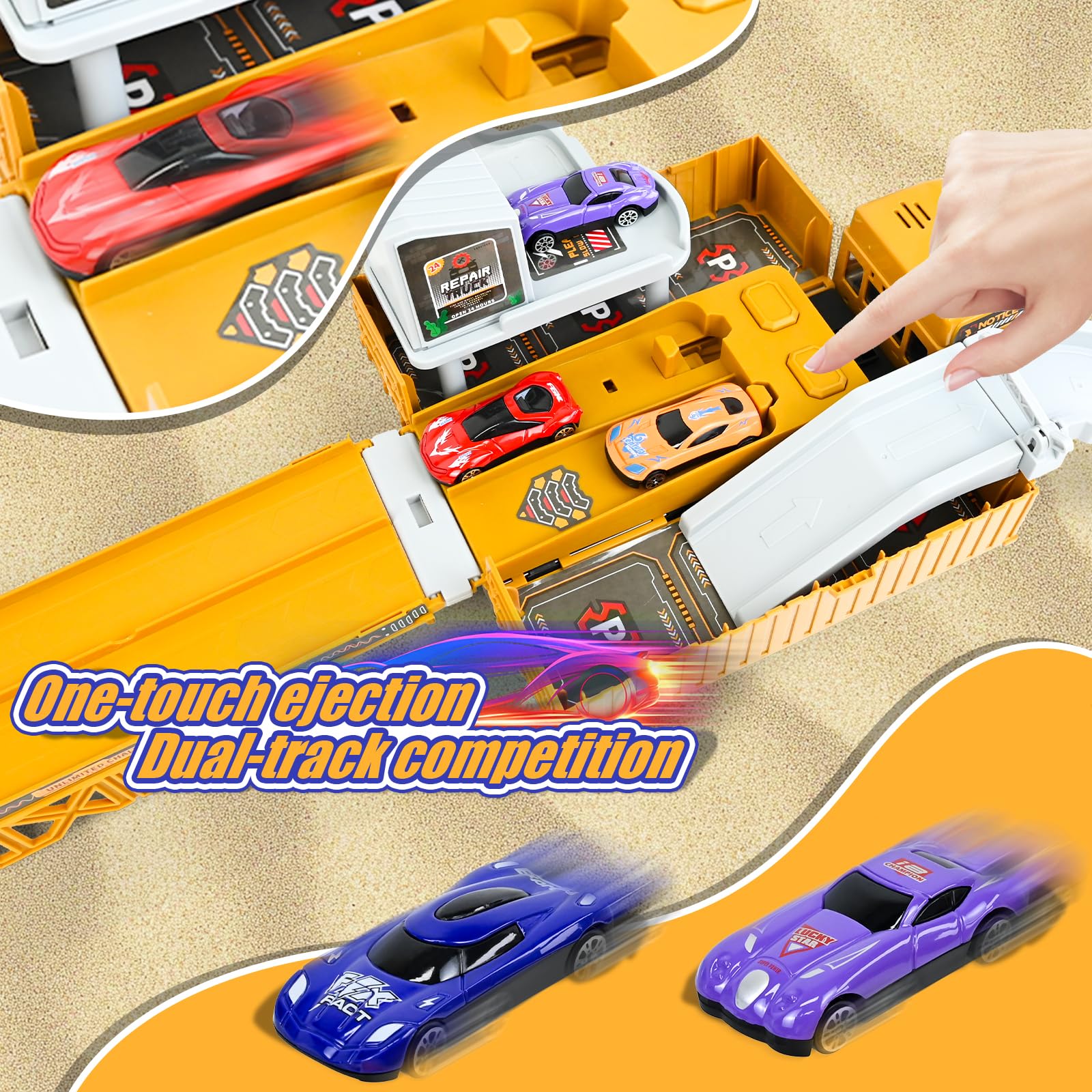 Joellfuner Camion da Cantiere Giocattolo per Bambini, Veicolo Giocattolo da Trasporto con Musica, Luci e Doppia Pista, Camion Carrier Auto Giocattolo Ragazzi con Costruzione Torre Gru per 3+ Anni