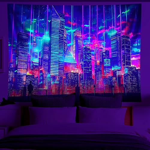 Miniatura 3 de Tapiz de luz negra de ciudad, tapiz de anime japonés, juego punk, fantasía, vista nocturna, paisaje urbano, arte futurista, neón, tapices para