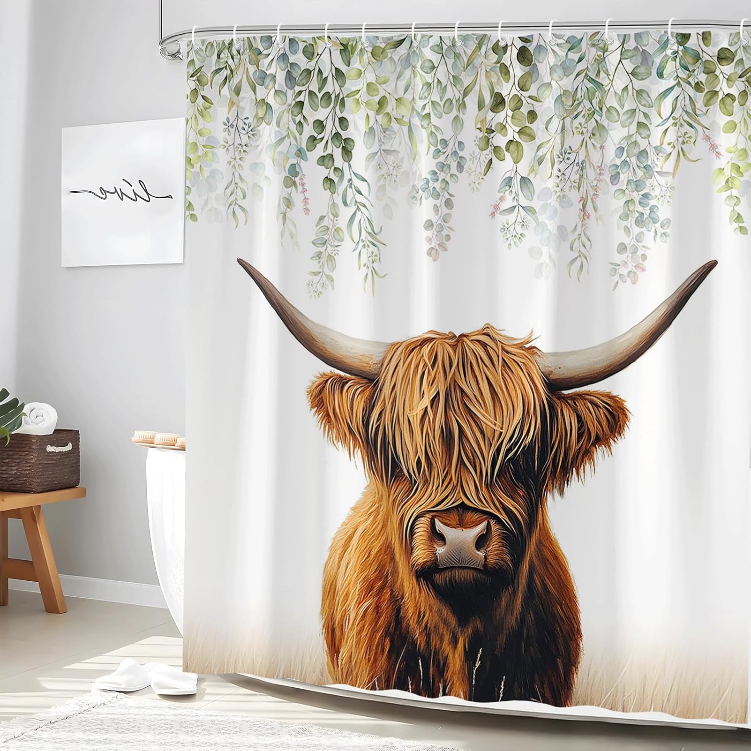 Funny Highland Cow Shower Curtain Sage Green Leaves Eucalyptus Farm Animals Rustic Farmhouse Country Watercolor Floral Tropical Plant Polyester Bathroom Decor Set with Hooks 70Wx90H Inch