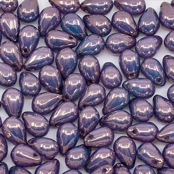 Czech 50-Piece Glass Beads, 6x9mm, Teardrop Opal White Bronze Puprle Luster 14415
