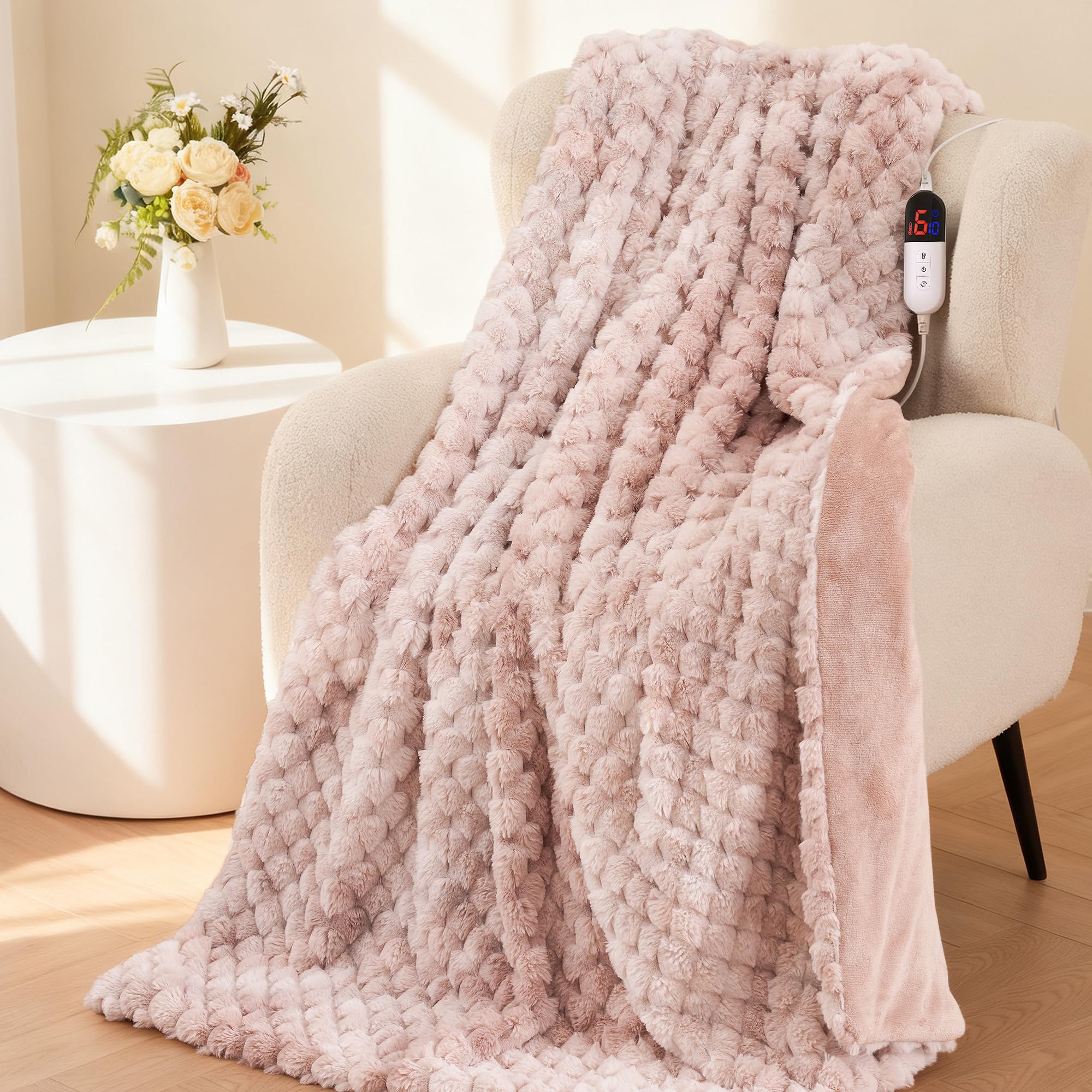 CURECURE Electric Blanket 130 x 180 cm, Petal 3D Jacquard Rabbit Fur and Flannel, 6 Heat Levels & Auto Off 1-10H, Machine Washable Thermal Blanket for Bed, Sofa, Office (Pink)