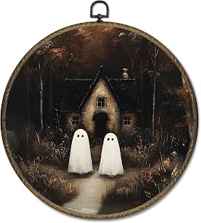 OINDADE Fall Halloween Ghost Round Wall Art Decor, Vintage House Ghost Wall Art Hanging Decor, Fall Halloween WallArt, Rustic Dark Ghosts Spooky Framed Canvas Artwork for Home Living Room, 10x10in