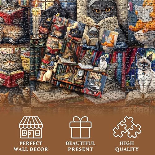 Miniatura 4 de Rompecabezas vintage de gatos para adultos, 1000 piezas, temática de biblioteca de gatos retro de PICKFORU