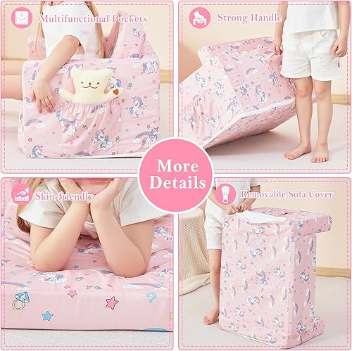 Miniatura 9 de Sofá infantil plegable 2 en 1, sofá convertible a tumbona para niñas y niños, con funda extraíble y bolsillos dobles, unicornio rosa