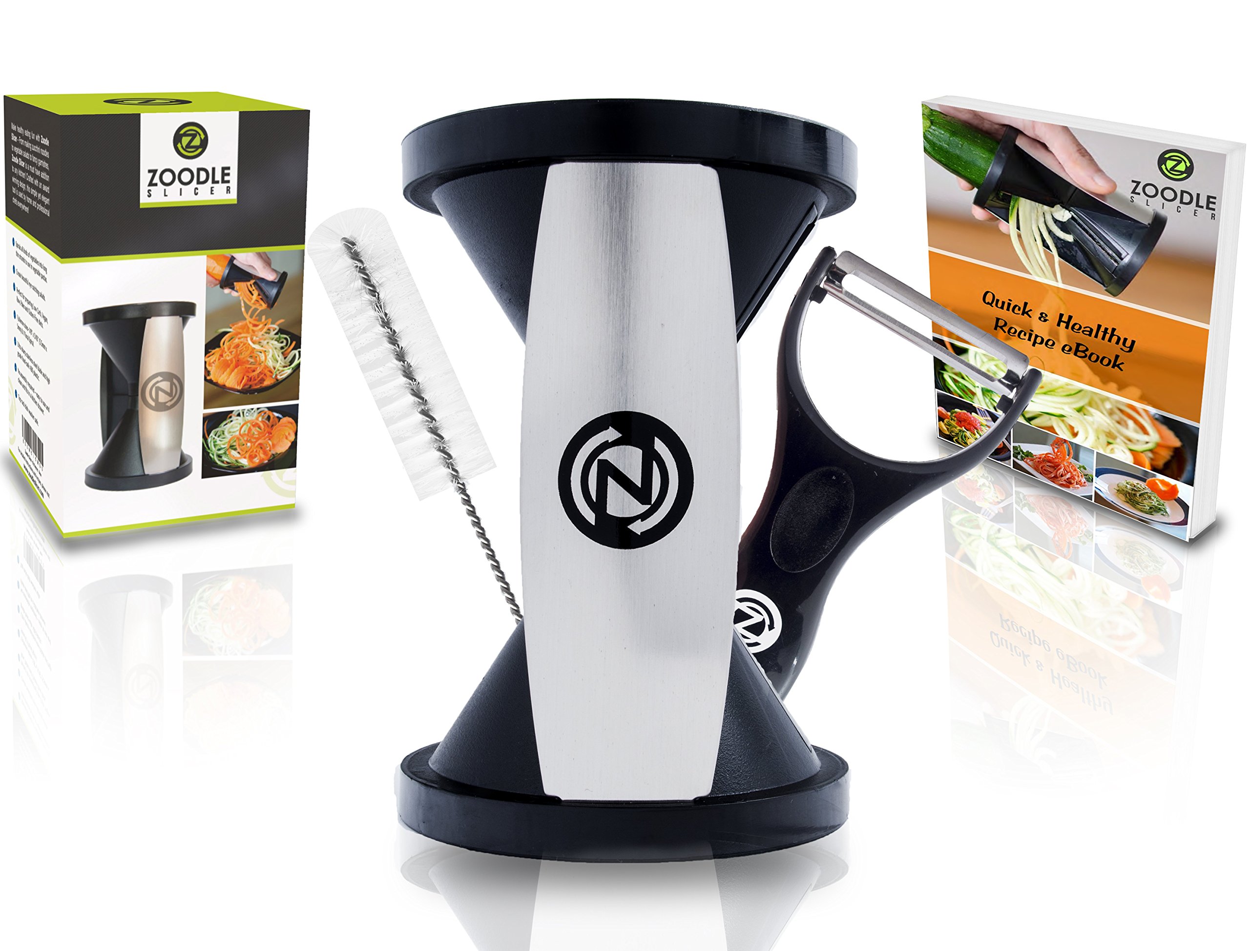 THE ORIGINAL ZOODLE SLICER - Premium Vegetable Spiralizer, Spiral Slicer, Zucchini Noodle Pasta Spaghetti Maker, Create Both Julienne Spirals & Fettuccine Floral, (Recipe eBook and Cleaning Brush Included)