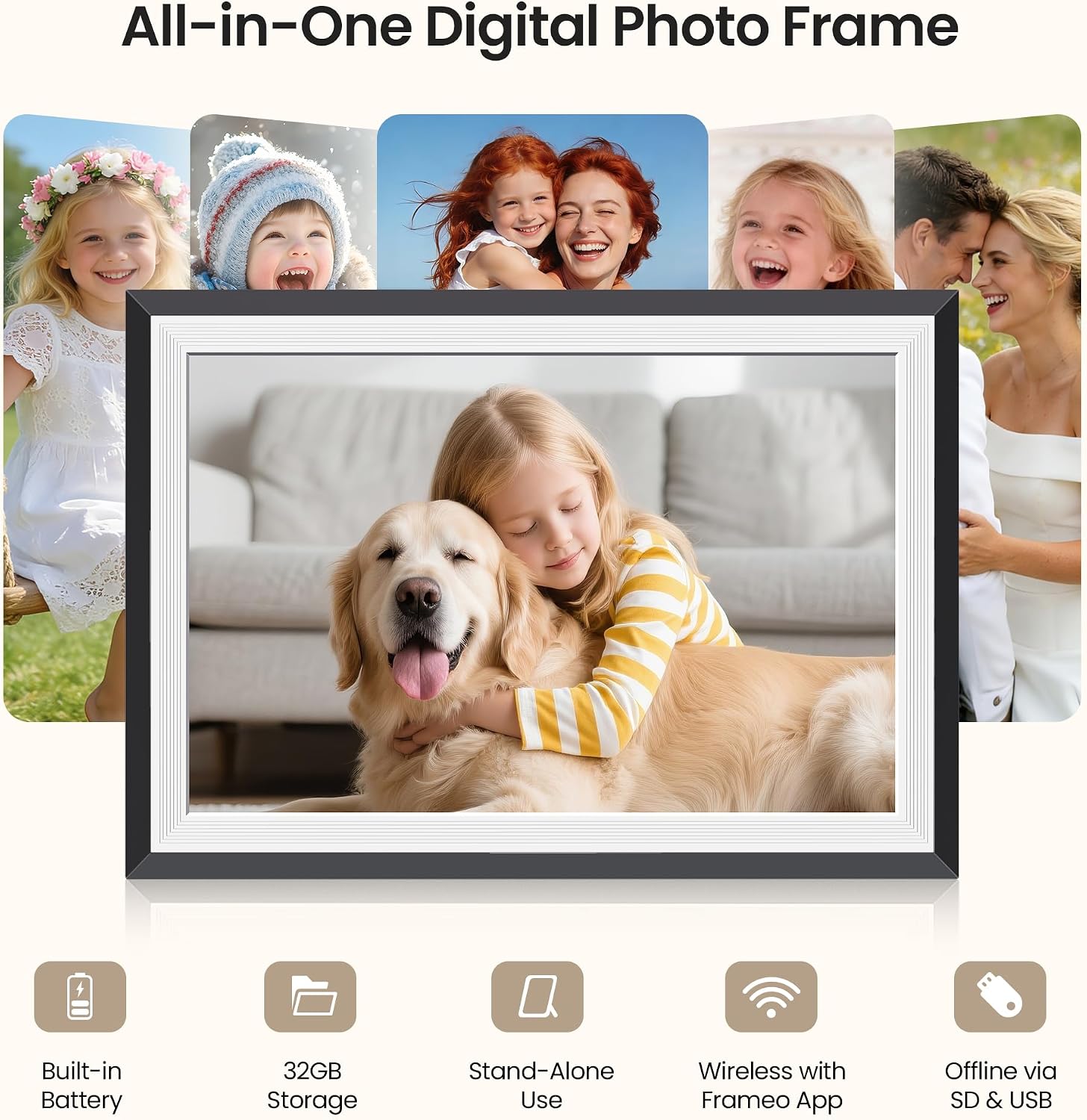 BIGASUO Digital Picture Frame Frameo 10.1", WiFi Photos & Videos Sharing, 3000mAh Battery & Wireless Charging, 1280x800 IPS Touch Screen, 32GB Storage, Support USB/SD Card