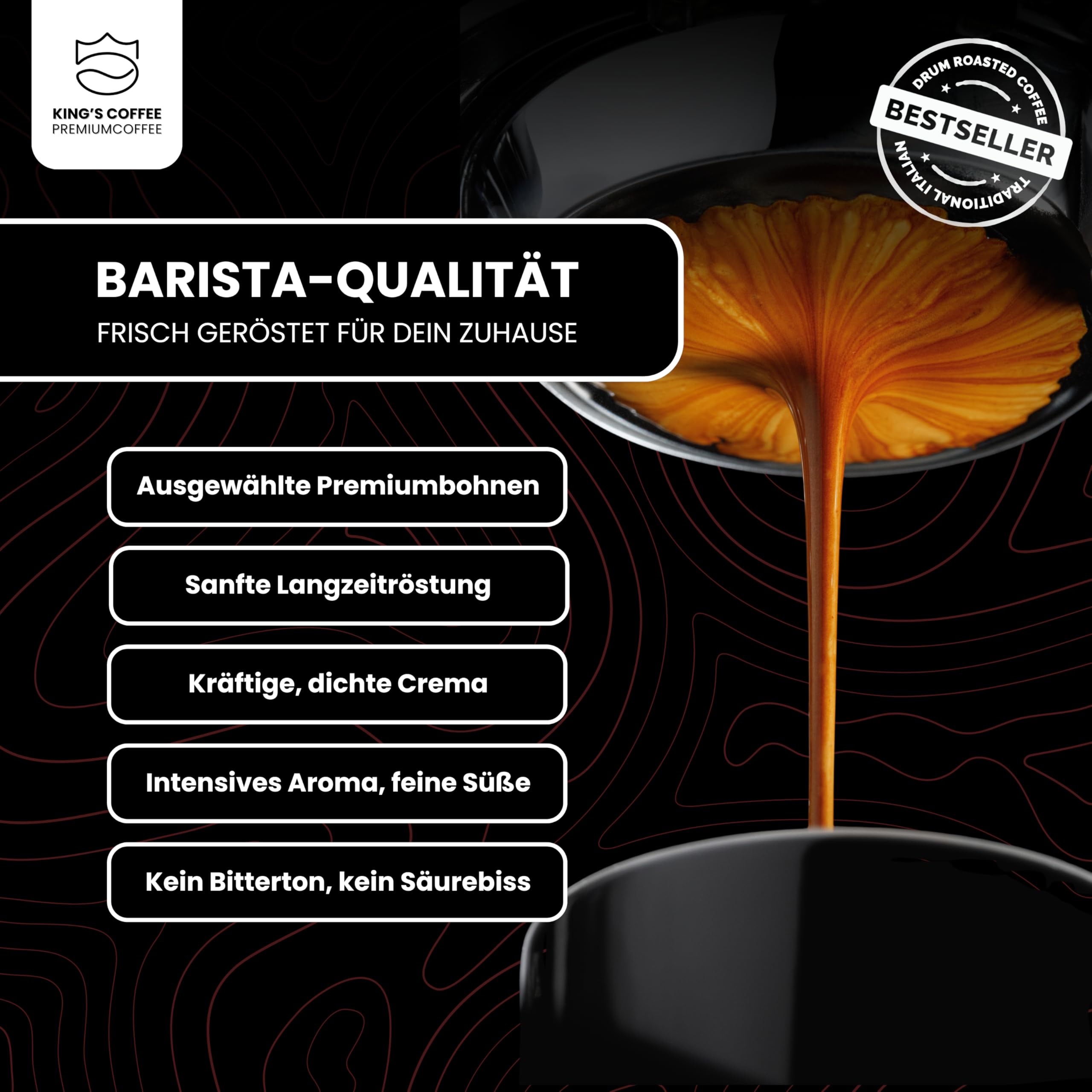 KING'S COFFEE - BLACK EDITION - 1kg Kaffeebohnen Crema Intense - säurearmer Kaffee - kleine Chargen-Röstung aus Italien - kräftige Arabica Espresso Bohnen (Blend) für Vollautomaten & Siebträger