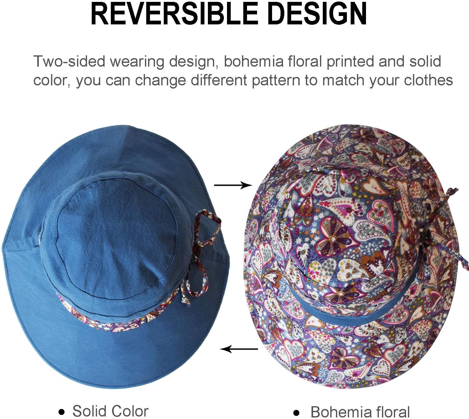 Cotton Sun Hats for Women UV Protection Beach Hat Reversible Bucket Hat Wide Brim Foldable Sunhat Fishing Cap - Image 3