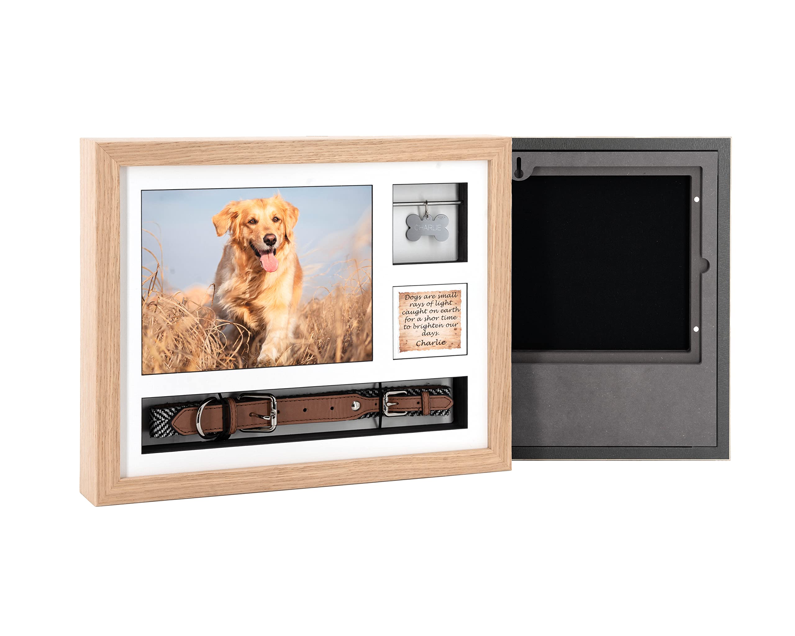 Solid Wood Pet Ashes Photo Frame Urn 14x11 – Displays Photos, Collar and Tag (Natural Oak, With Standard Glass)