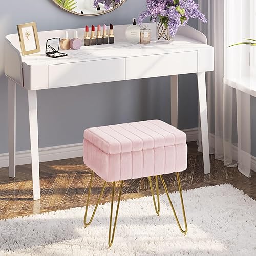 Miniatura 2 de Greenstell Vanity Stool Chair Faux Fur with Storage, 15.7"L x 11.8"W x 19.4"H Soft Ottoman 4 Metal Legs with Anti-Slip Feet, Furry Padded Seat,