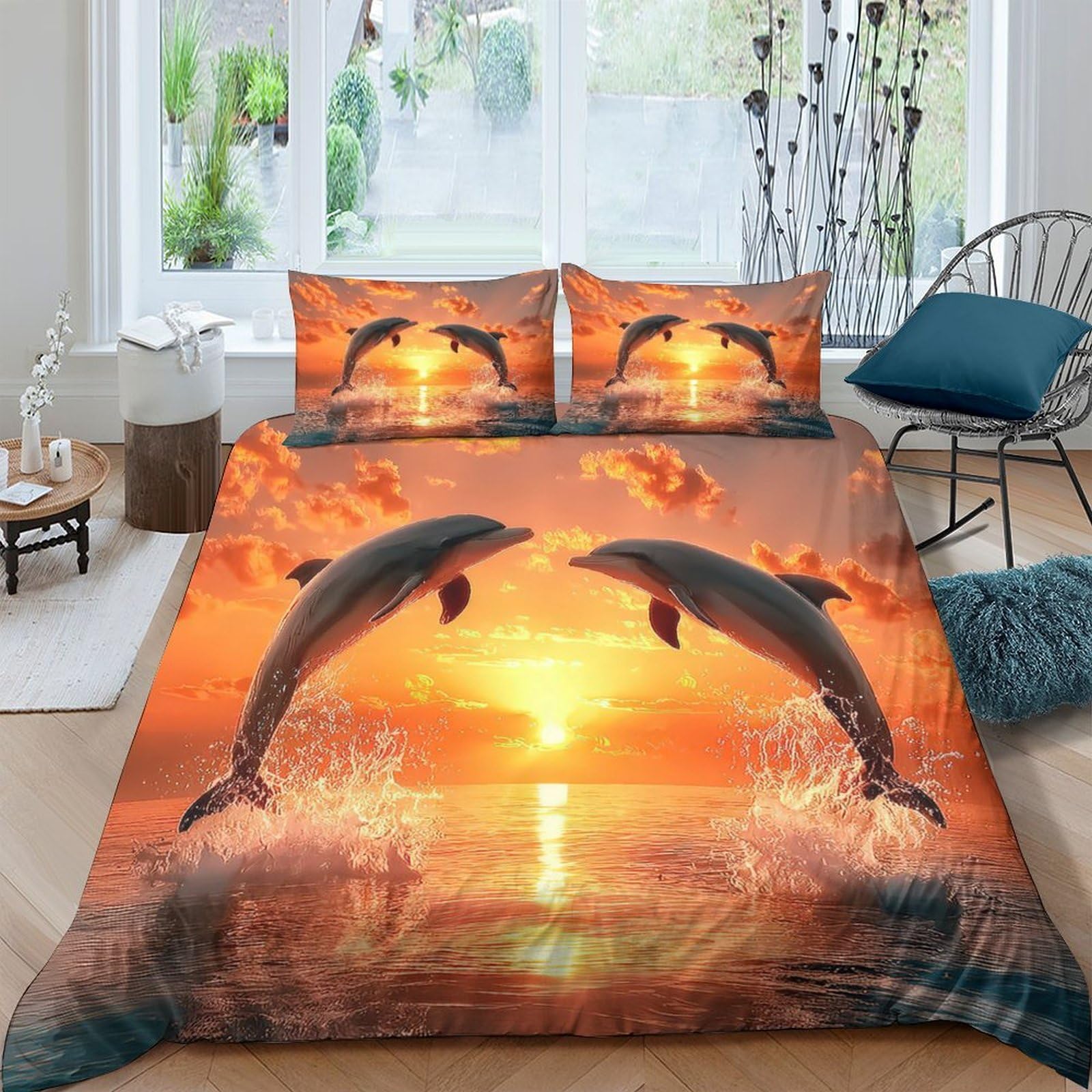 Ctjqhvkz Style-9 3D Printed Sunset Dolphin Fitted Sheet Microfiber Soft Orange Ocean Bed Cover For Bedroom Guest Room Decor Single（135X200cm）