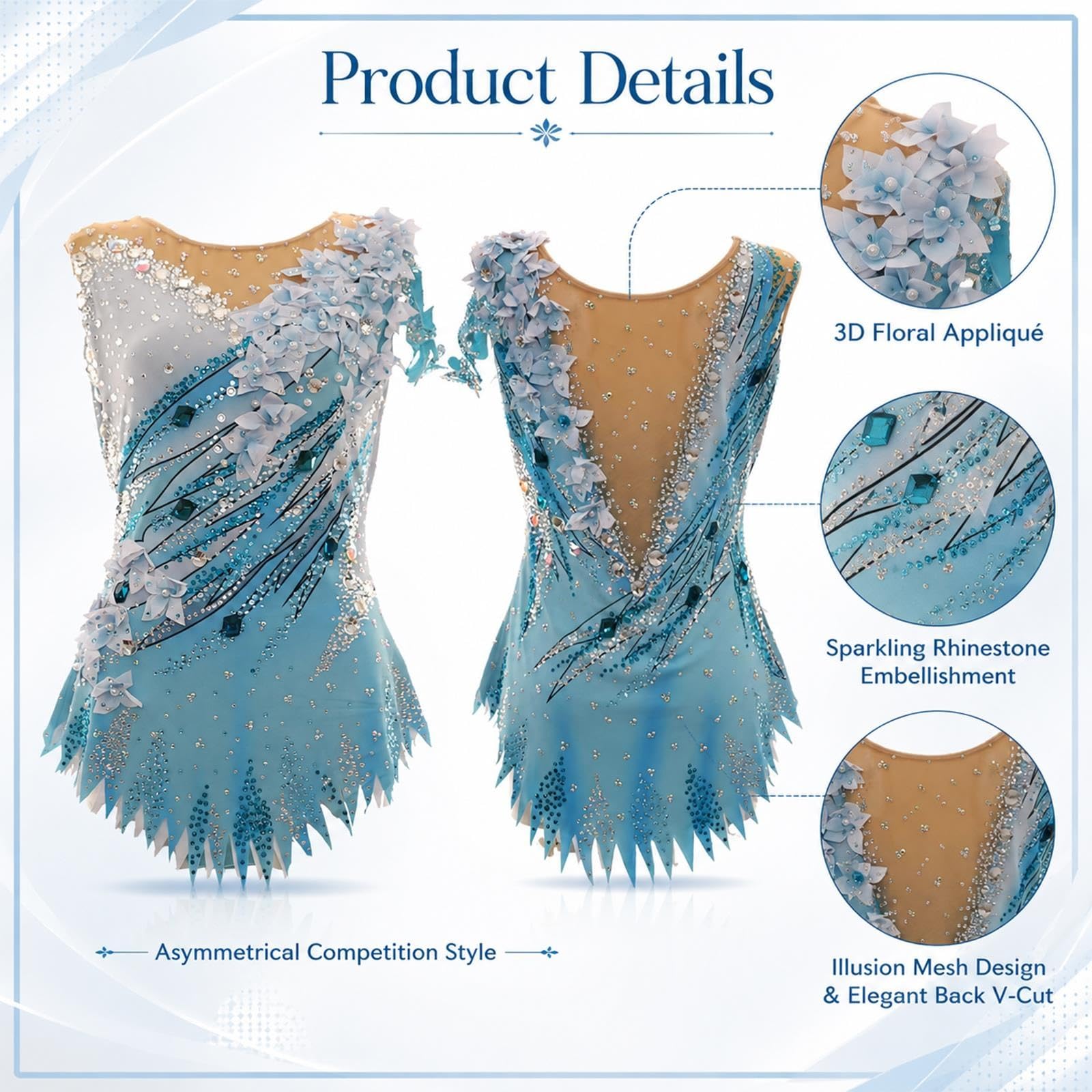 Turnanzug for Rhythmische Gymnastik Damen Mädchen mit Blumen und Strass