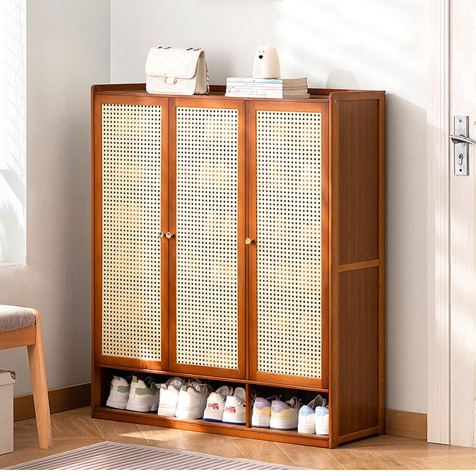 LMYSXAOZ 8-Tier Bamboo Shoe Cabinet with 3 Doors - Freestanding Wooden Rack for Entryway, Hallway, Living Room & Closet Stylish Brown Rattan Storage Solution