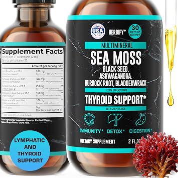 Thyroid Support Supplement with Sea Moss, Bladderwrack, Ashwagandha, Black Seed & Burdock Root - Natural Iodine for Healthy Thyroid Function, Energy & Metabolism - Grape Flavor, 2 Fl Oz, Made in USA