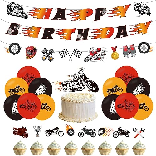 Juego de decoraciones de cumpleaños de motocicleta, suministros de fiesta de motocross, con guirnalda, decoración de pasteles, globos de látex para