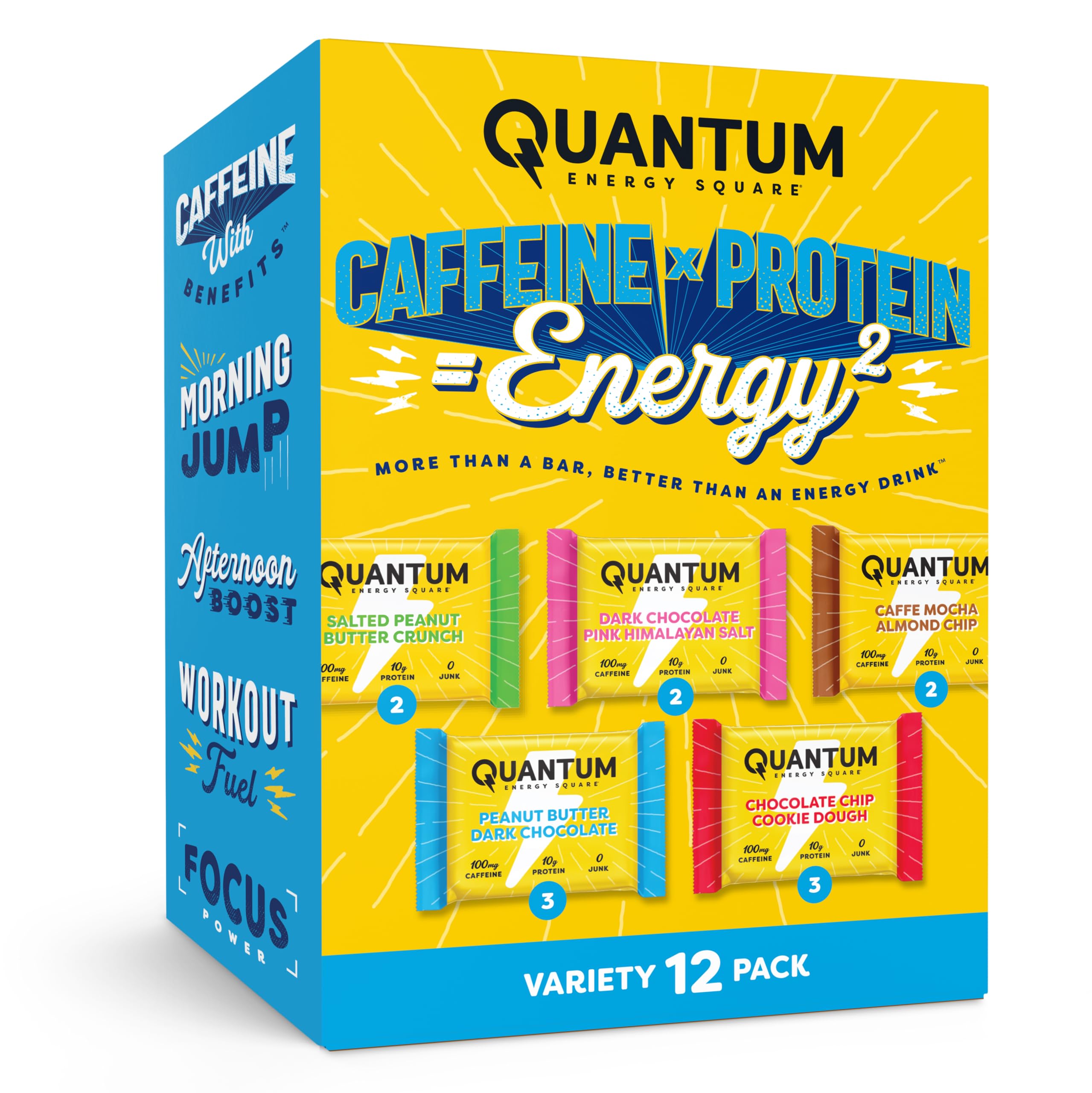 Quantum Energy Square: Vegan, Gluten-Free Energy Bar with Caffeine & 10g Protein (12 Bar Variety Pack)