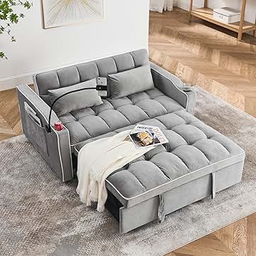 Convertible Sofa Bed,3 in 1 Velvet Sleeper Sofa Pull-Out Bed,55'' Loveseat Sleeper Sofa Bed with Adjustable Backrest with 2 Pillows and Storage Bag & USB Port and Swivel Phone Stand,Gray