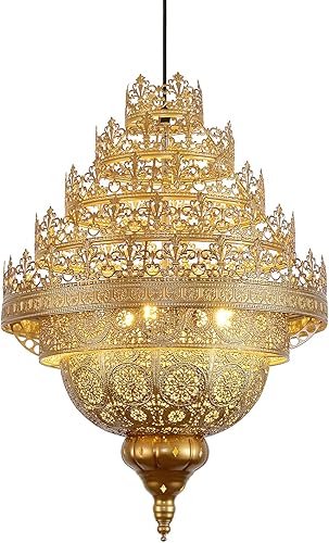 DJAMEL Lámpara turca vintage marroquí lámpara colgante de grabado, corona dorada de hierro hueco, árabe, lámpara colgante de techo para cocina,