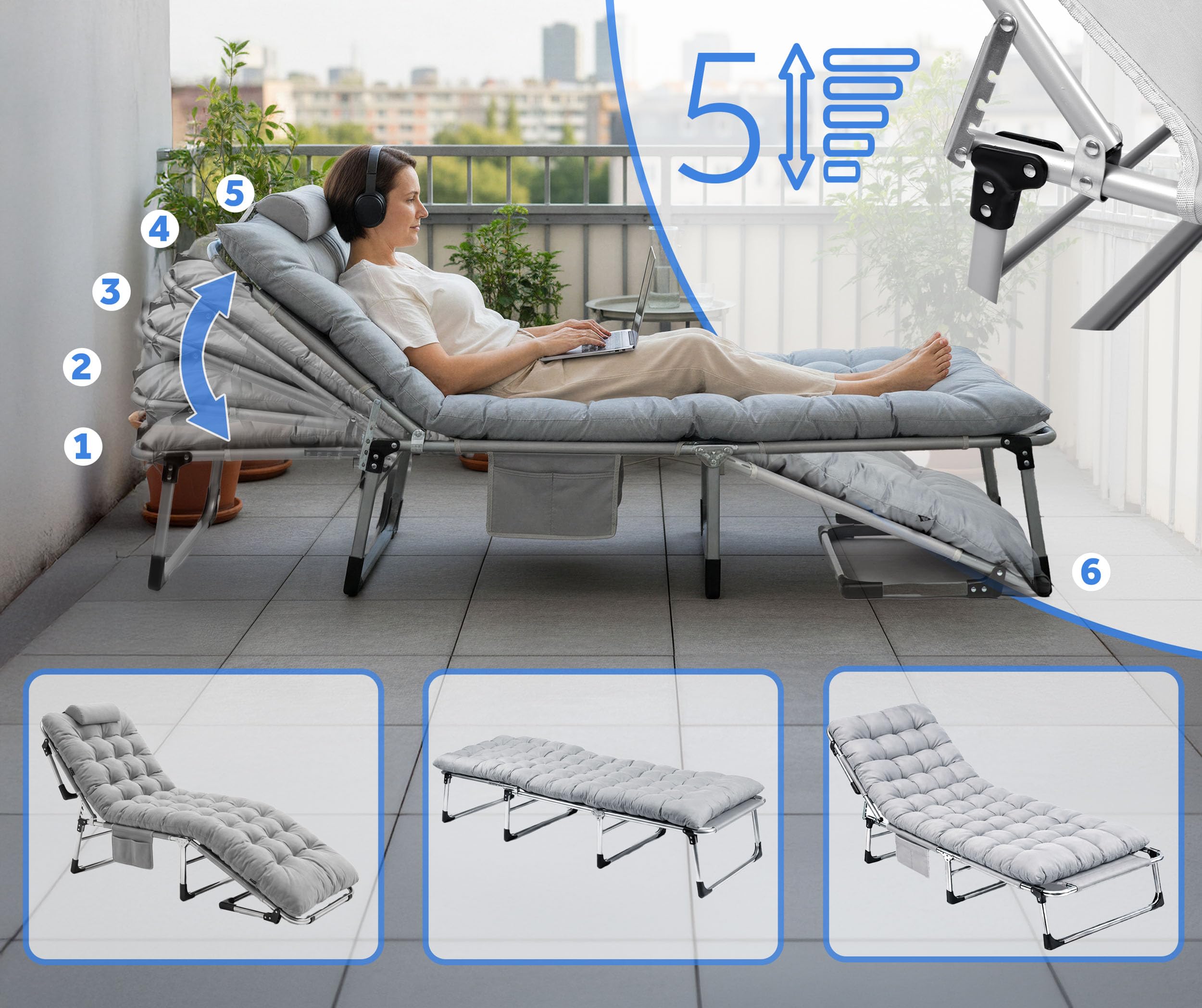 Klappbares Gästebett Sonnenliege mit Matratze Kissen 5-stufig verstellbare Gartenliege 193 x 67 x 40-75,5 cm Grau
