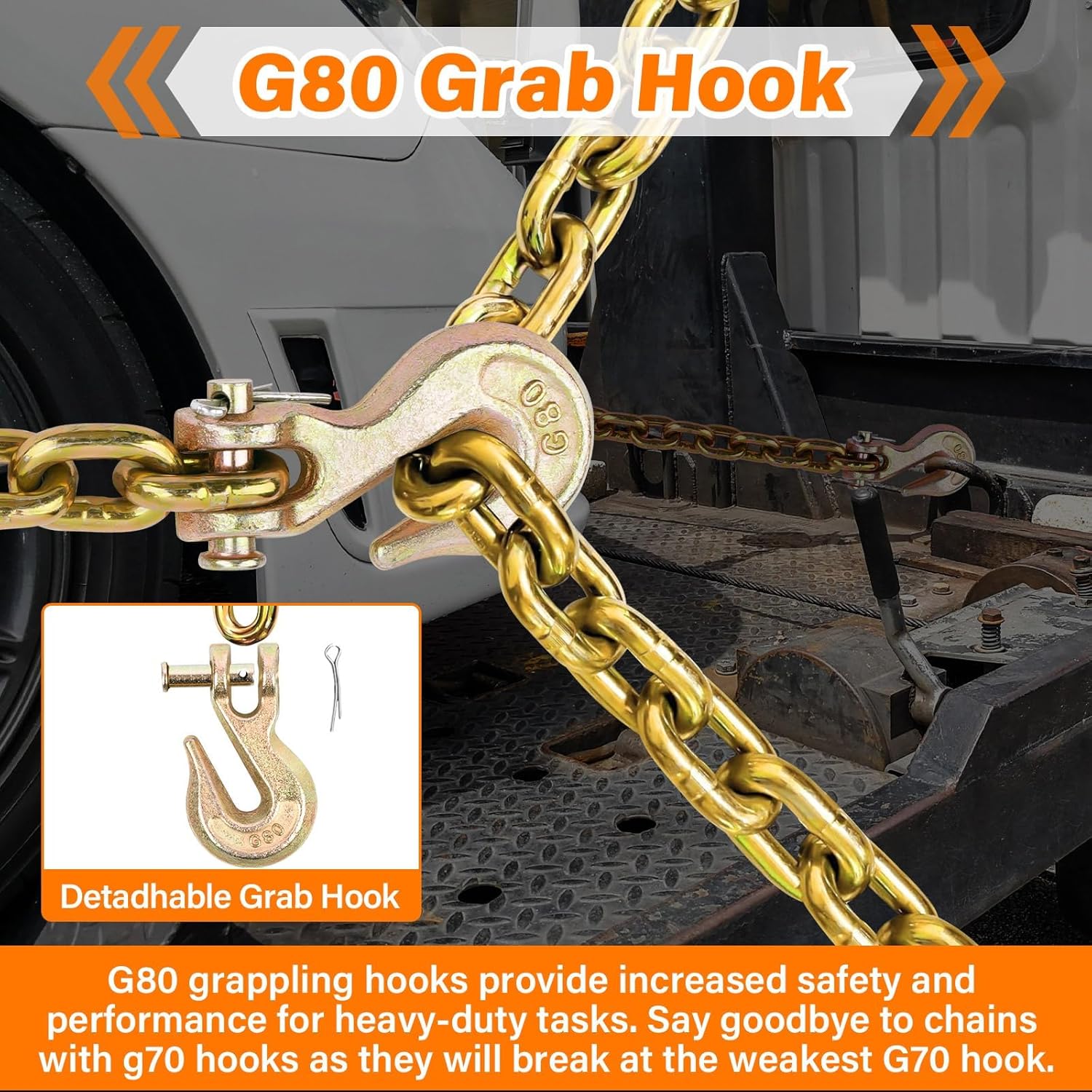 2 Pack G80 Trailer Safety Chain 5/16In x 10Ft, 5/16" Tow Chains with 5/16" G80 Grab Hook, Transport Binder Chain Heavy Duty for 5/16" - 3/8" Ratchet Binder, 4,900 lbs Working Load Limit - Image 5