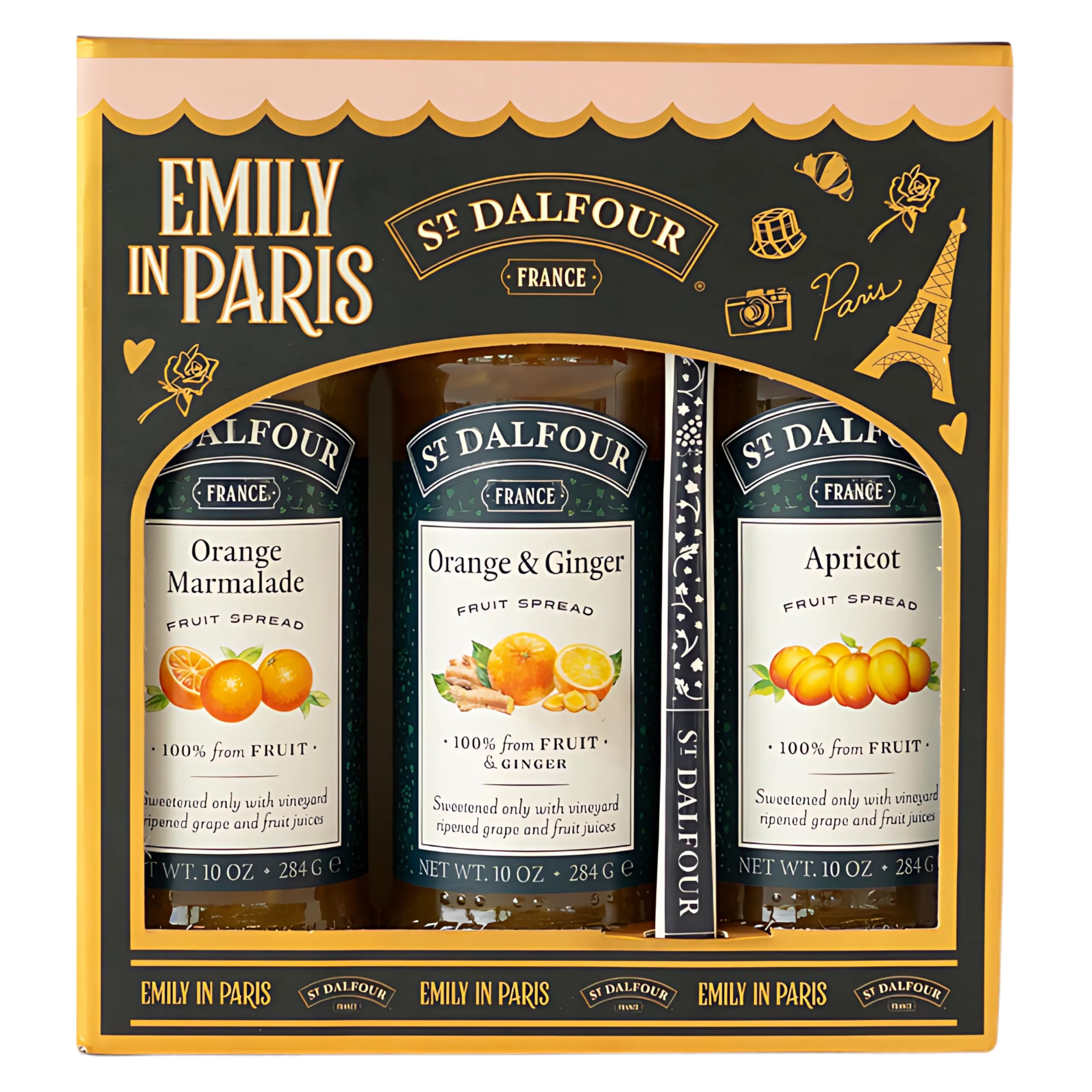 St. Dalfour Confezione Regalo – Edizione Emily in Paris – 100% frutta, senza zuccheri aggiunti, senza glutine – 3x284g (Fragola/Lampone/Ciliegie) (Arancia, Arancia-Zenzero, Albicocca)