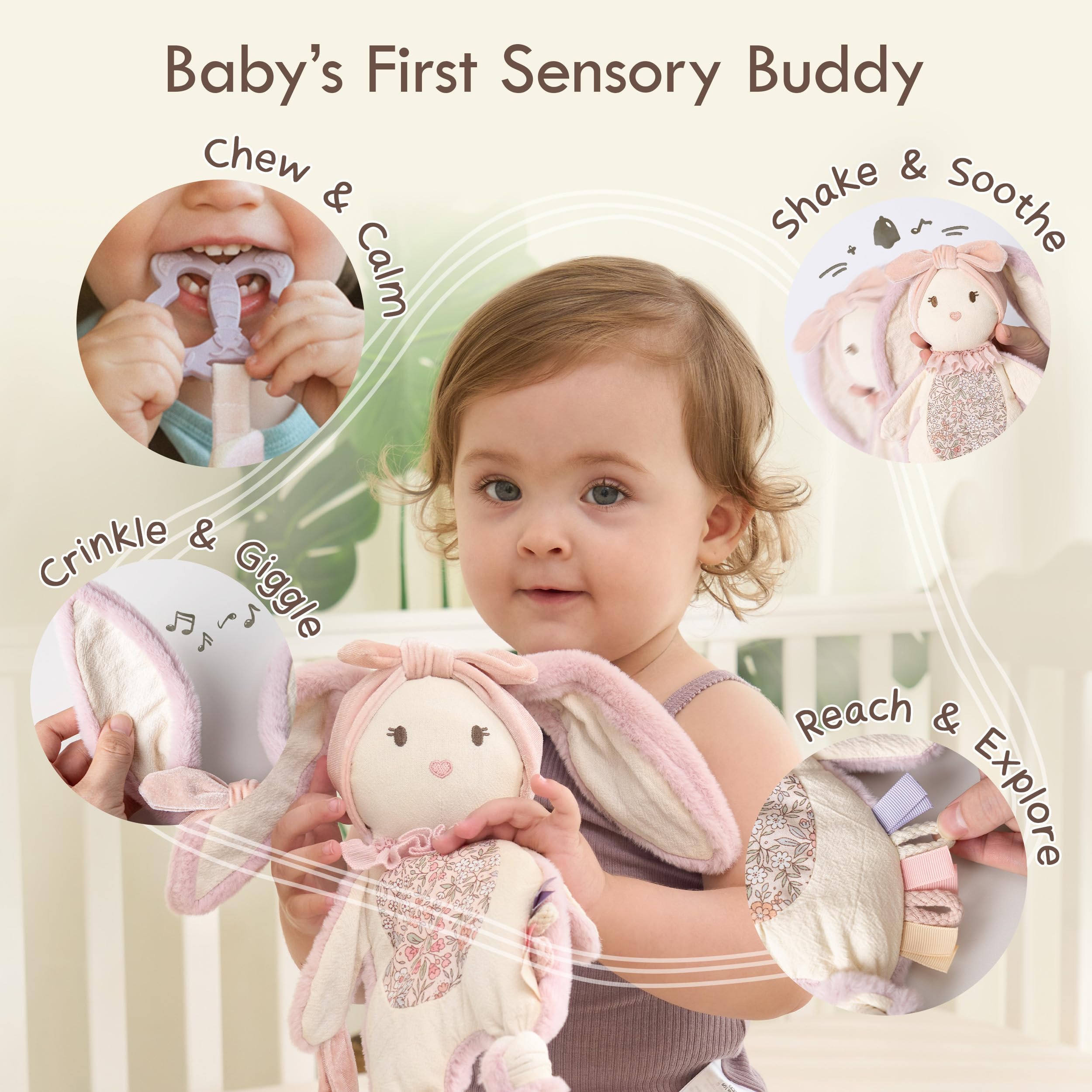 Moonkie Doudou Neonato, Peluche per bambini Coniglio, Copertina con Giochi Dentizione, Regalo Neonata Femmina per Baby Shower e Compleanni, Peluche con Nastri Testurizzati, Orecchie Fruscianti