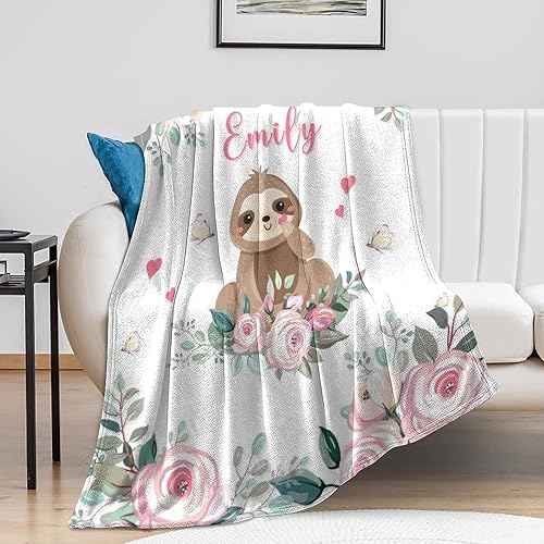 Miniatura 6 de Manta personalizada para niñas con nombre, manta personalizada de perezoso y mariposa, manta de forro polar suave para recién nacidos, baby shower,