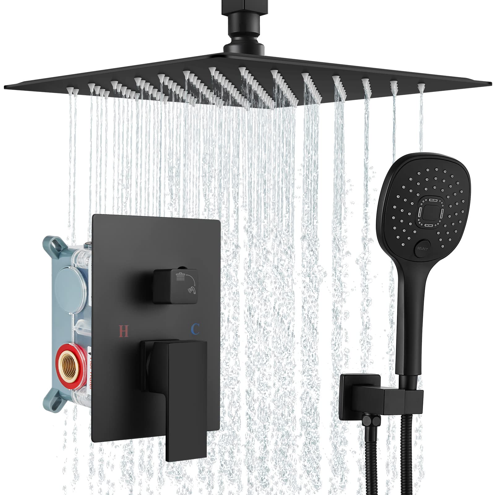 Système de douche pluie haute pression noir mat avec ensemble de douche de tête 12 pouces ABS