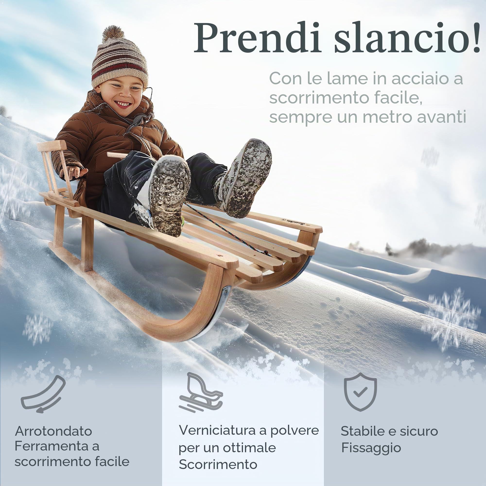 Slitta per bambini da 90 cm con schienale – Slitta in legno di faggio massiccio – Slittino da neve Davoser con guinzaglio e manico – Pattini robusti con raccordi in acciaio a scorrimento fluido