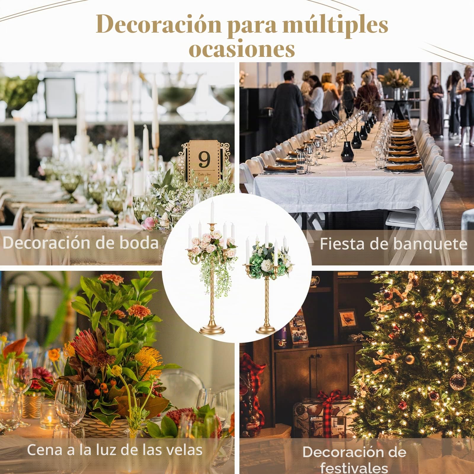 Sziqiqi Candelabros Dorados de Mesa, Lote de 2, 5 Brazos, para Velas, 71 cm | Candelabro de Metal con Varilla Roscada, Montaje Sencillo con Instrucciones, para Decoración de Boda, Festiva, Eventos
