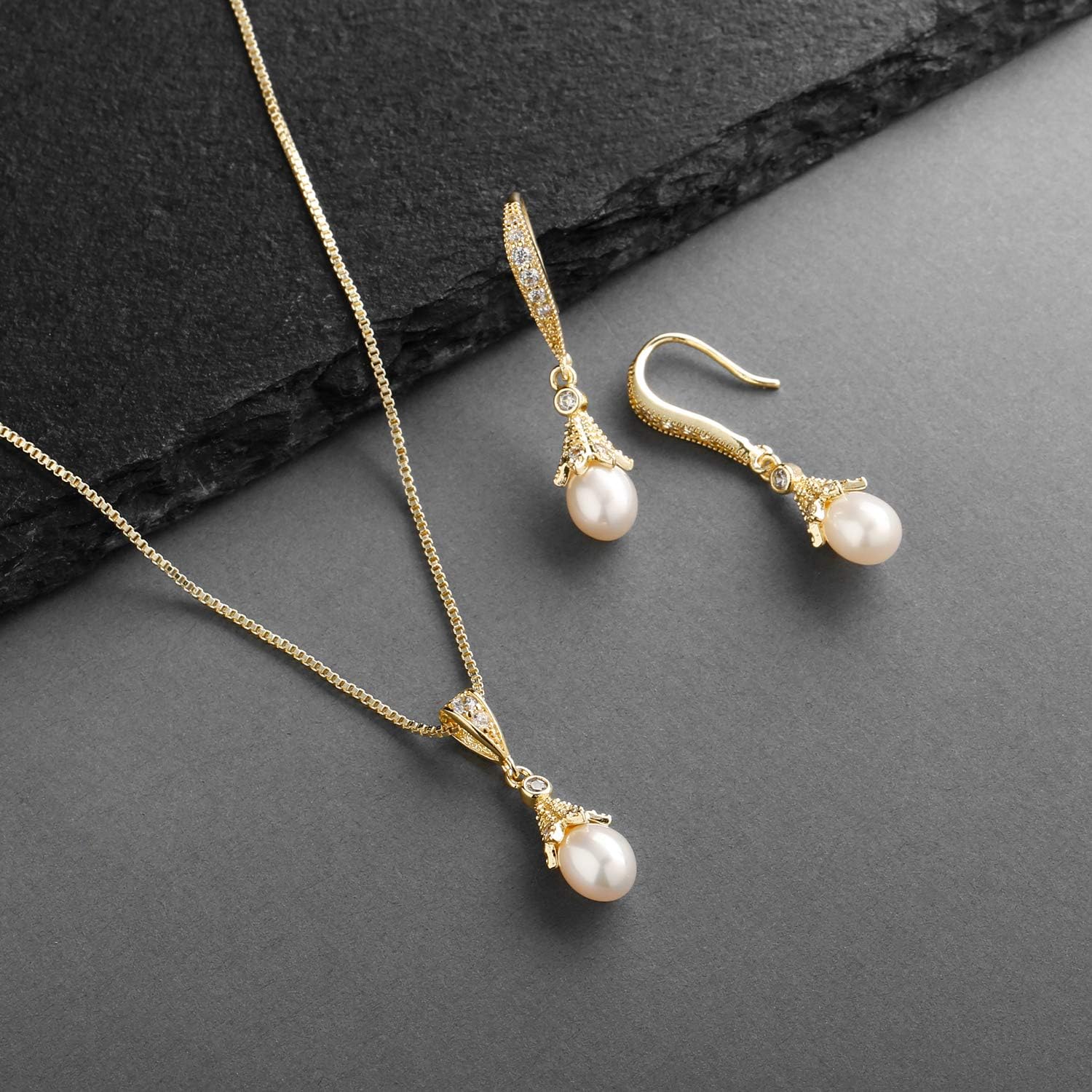 Mariell Gold Wedding Necklace & Earrings Jewelry Set with Freshwater Pearl for Bridesmaids & Brides - Image 4