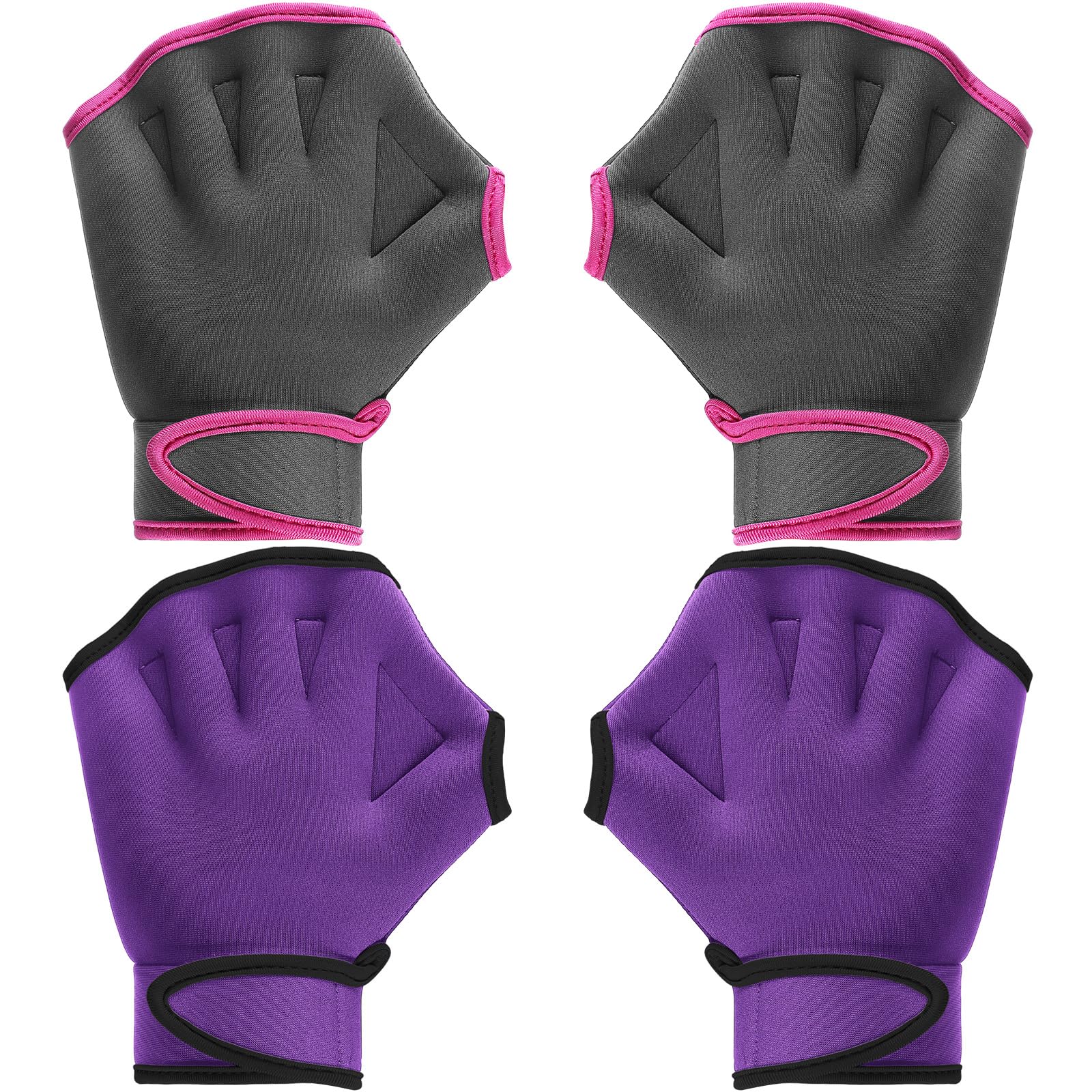 Sumind 2 Pairs Webbed Swim Gloves, Medium, Gray/ Rose Red, Purple/ Black