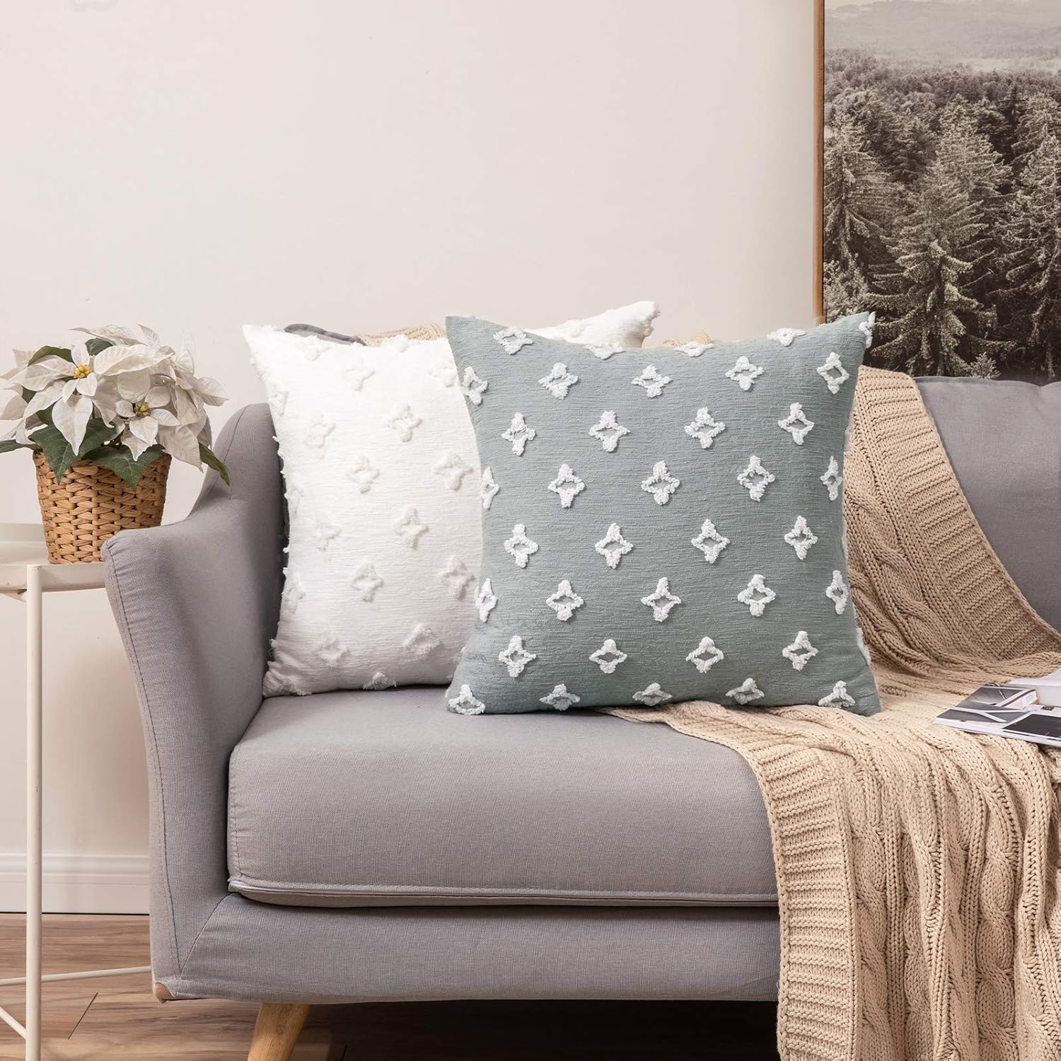 MIULEE Set of 2 Decorative Throw Pillow Covers Rhombic Jacquard Pillowcase Eruo Sham Large Spring Soft Square Cushion Case for Cute Couch Sofa Bed Bedroom Living Room, 24x24 Inch, White