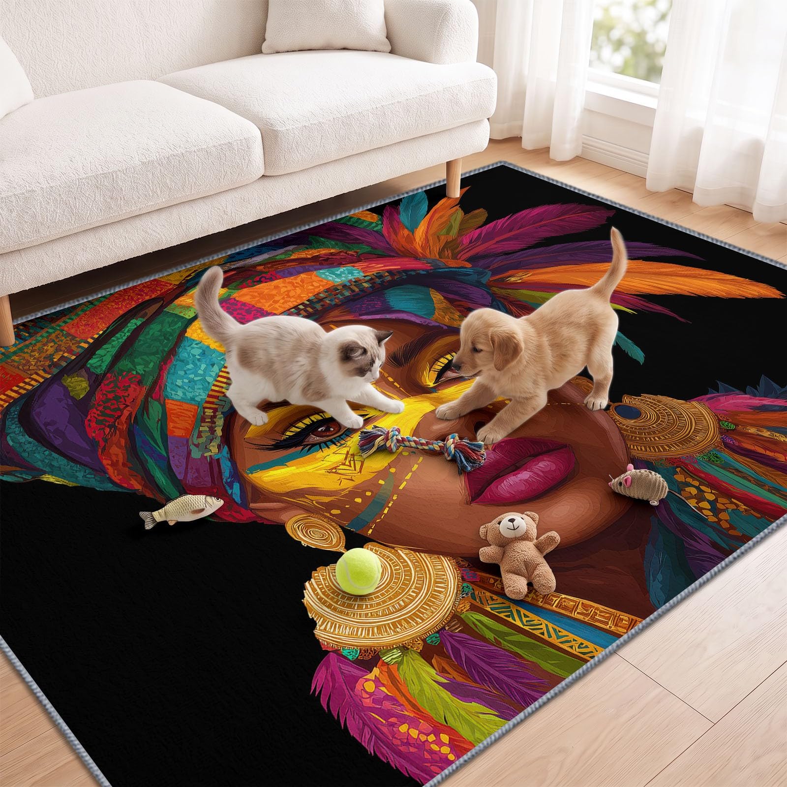 Générique Tapis Style Tribal, 160 x 230 cm, Tapis Antidérapant Portrait Femme Africaine, Doux et Facile d'entretien adaptés au Salon, à la Chambre, à la Cuisine et au Bureau