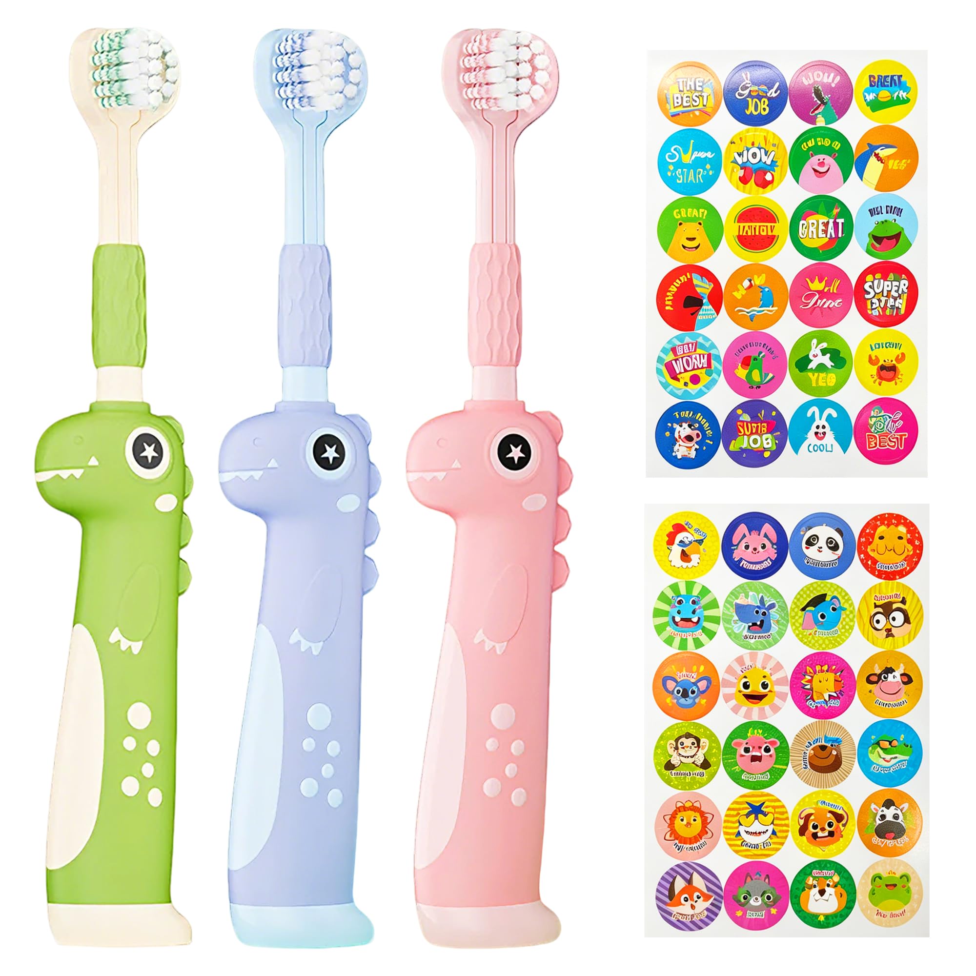 Cepillo de dientes para niños pequeños, cepillo de dientes de cerdas ultrasuaves para bebés de 1 a 12 años, eficiente cepillo de dientes infantil de 3 lados con raspador de lengua, mango