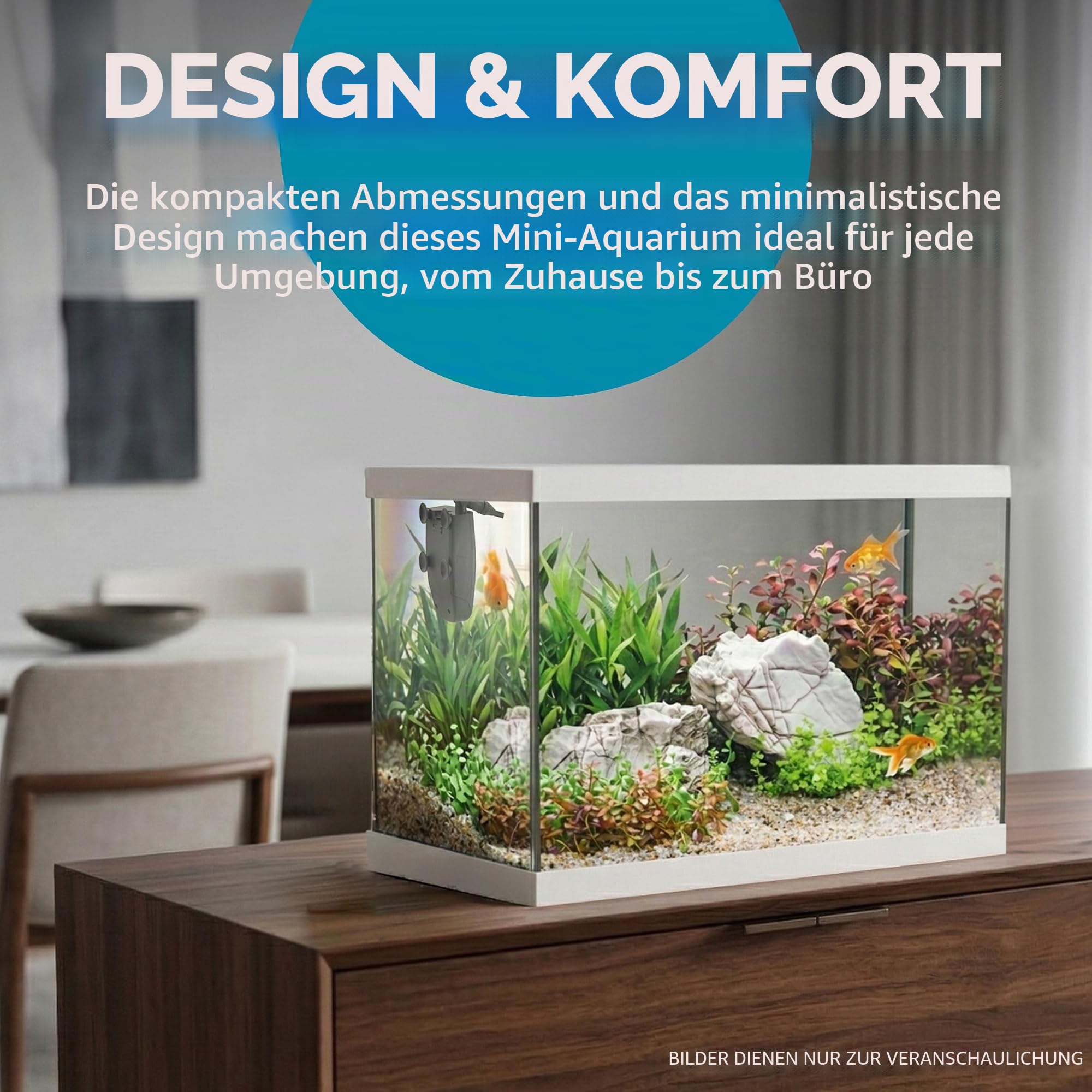 AQPET One Mini Aquarium aus Glas weiß 20 Liter - komplettes Aquarium mit Innenfilter, Sand, Zierpflanze und Hintergrund - Elegantes Design 36x22x26 cm, ideal für Anfänger
