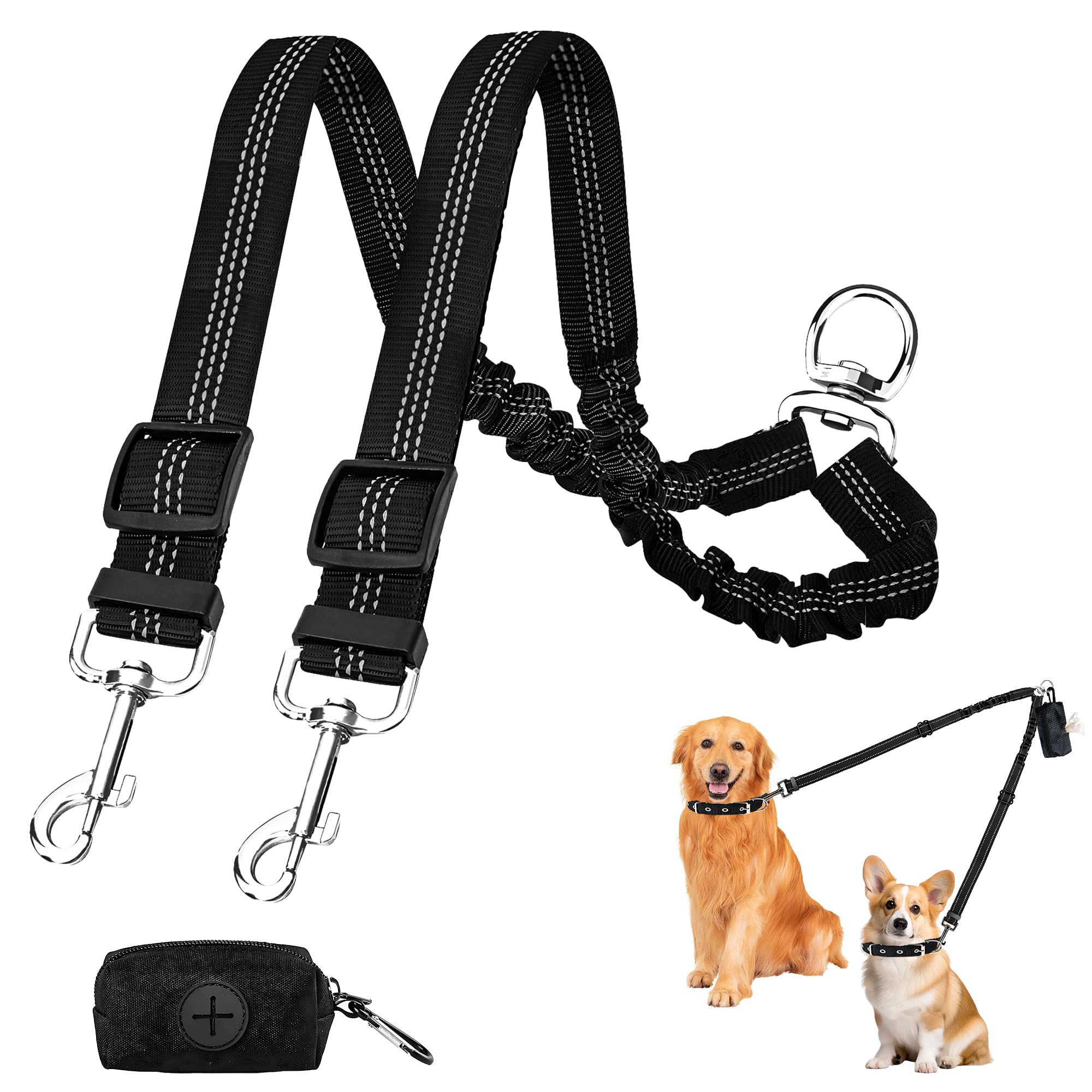2-in-1 Double Dog Lead with Reflective Design and Adjustable Length, Includes Trash Bag Storage, Comfortable Soft Handle, Double Pet Trainer Lead for Walking 2 Dogs Safely Tangle-Free Dog Leash