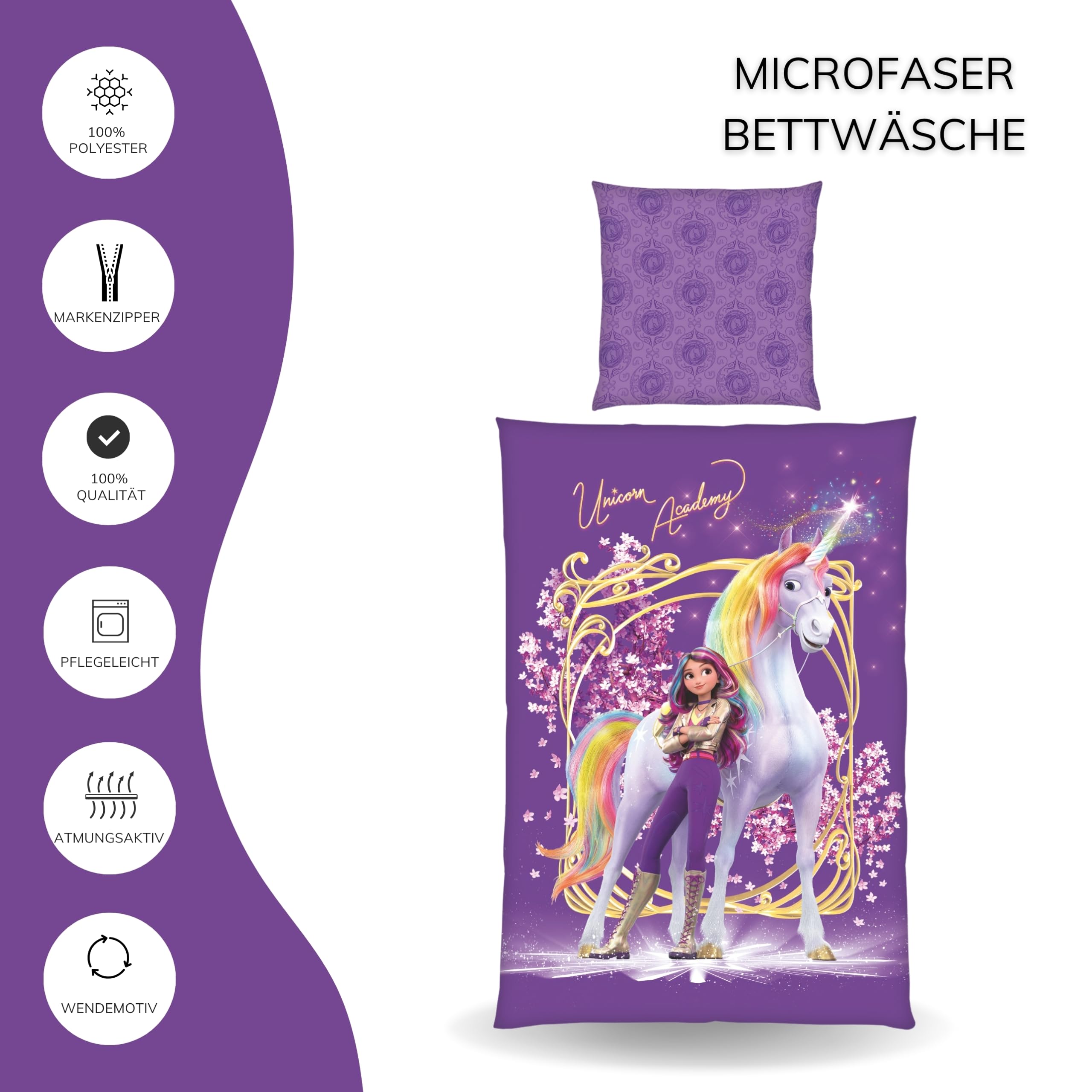 MTOnlinehandel Bettwäsche Unicorn Academy 135x200 - Kinder Geschenkidee, 1x Kissenbezug 80x80 + Bettbezug 135x200, mit Reißverschluss - Sophia & Wildstar