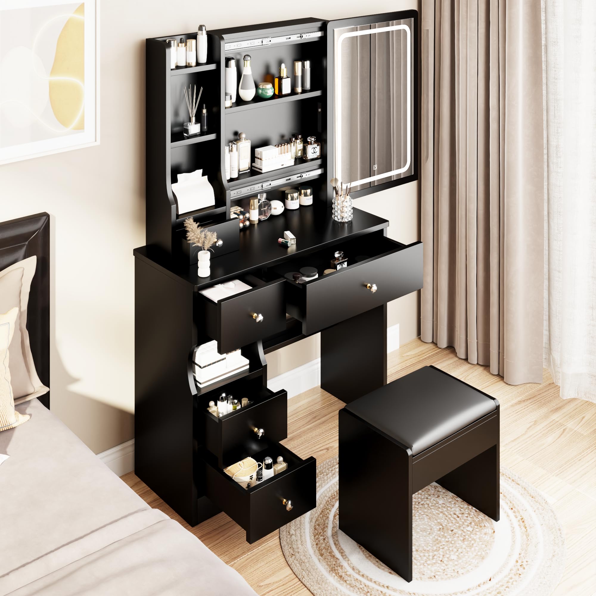 Small Makeup Vanity Desk with Sliding Mirror LED 3 Lighting Adjustable, Vanity Table Set with 5 Storage Drawer & Chair & Shelves Bedroom Furniture, Black
