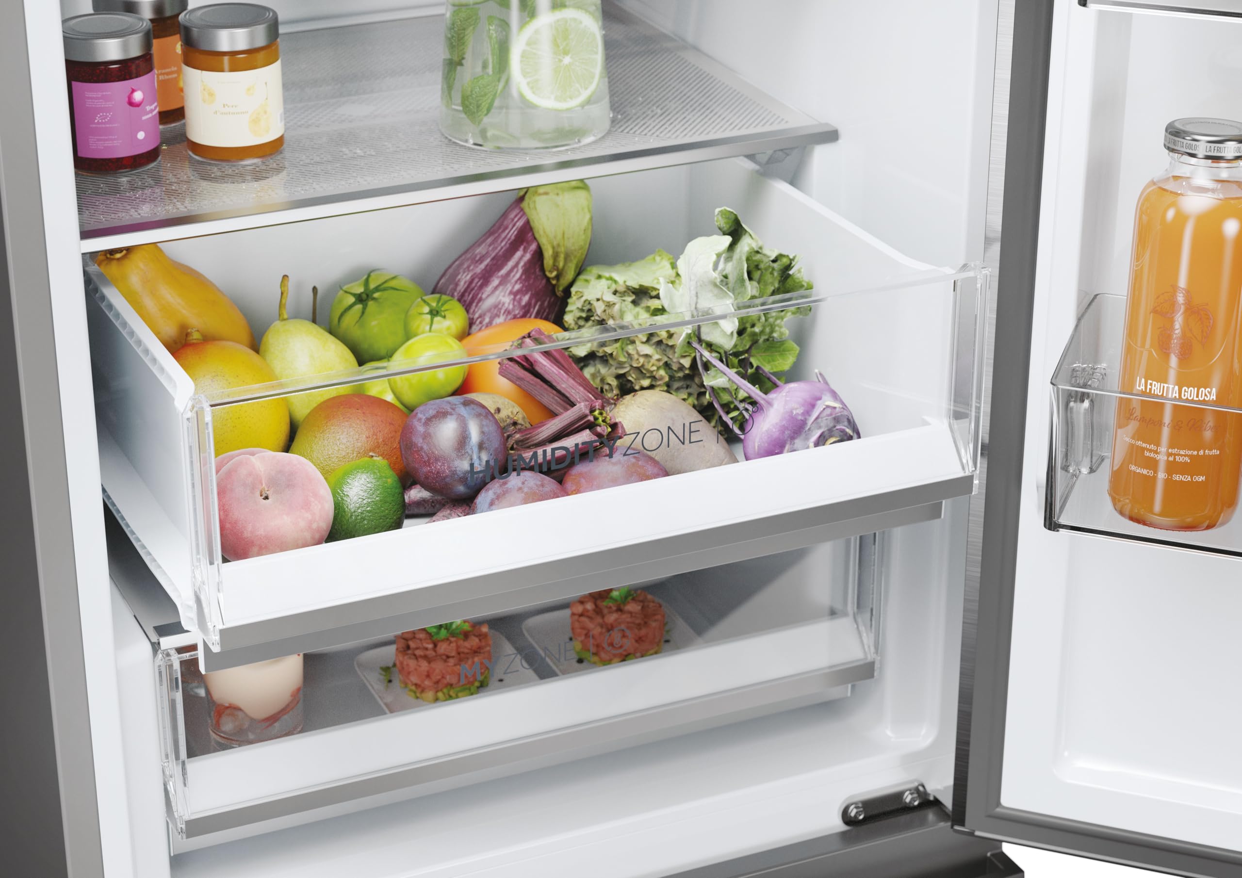Haier 3D 60 Serie 5 Frigorifero Combinato 3 Porte 414 Litri (289 Frigo + 125 Freezer), Air Surround, Cassetti Accesso Diretto, Wi-Fi App hOn, Classe D, 205 x 59,5 x 66,7 cm (AxLxP), Inox, HTW5620DNMG
