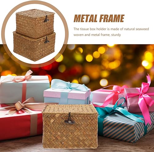 Miniatura 3 de Yardwe Cesta de almacenamiento tejida rectangular de la cubierta de la caja del tejido del pañuelo-ahorro de espacio para