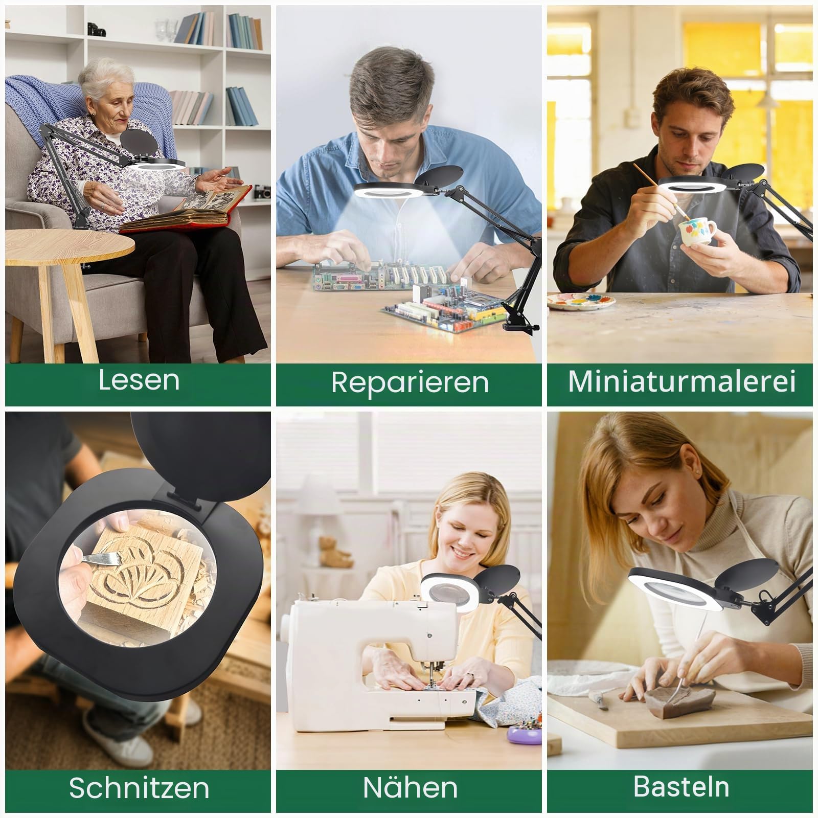 CGBE 2-in-1 Lupenlampe (Standfuß + Klemme) 10X Händefrei für feine Arbeiten | 4,84" Glaslinse Lupenleuchte mit Verstellbarem Schwenkarm 5 Farbmodi Stufenlos Dimmbar Höhenverstellbare Standlupe mit Licht