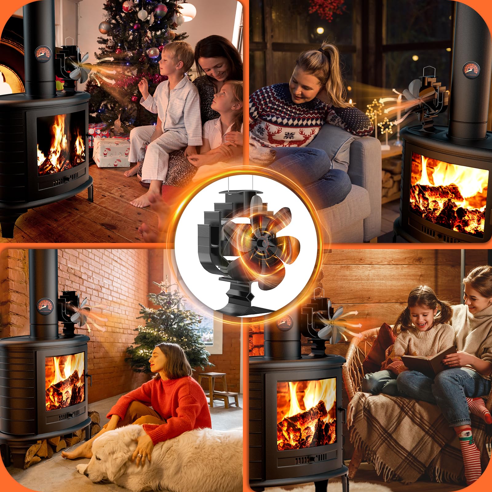Gisam Ventilateur de poêle à 6 pales avec rotation à 60°, ventilateur de poêle sans électricité, fonctionnement silencieux, ventilateur de poêle à bois pour poêle à bois/cheminée (noir)