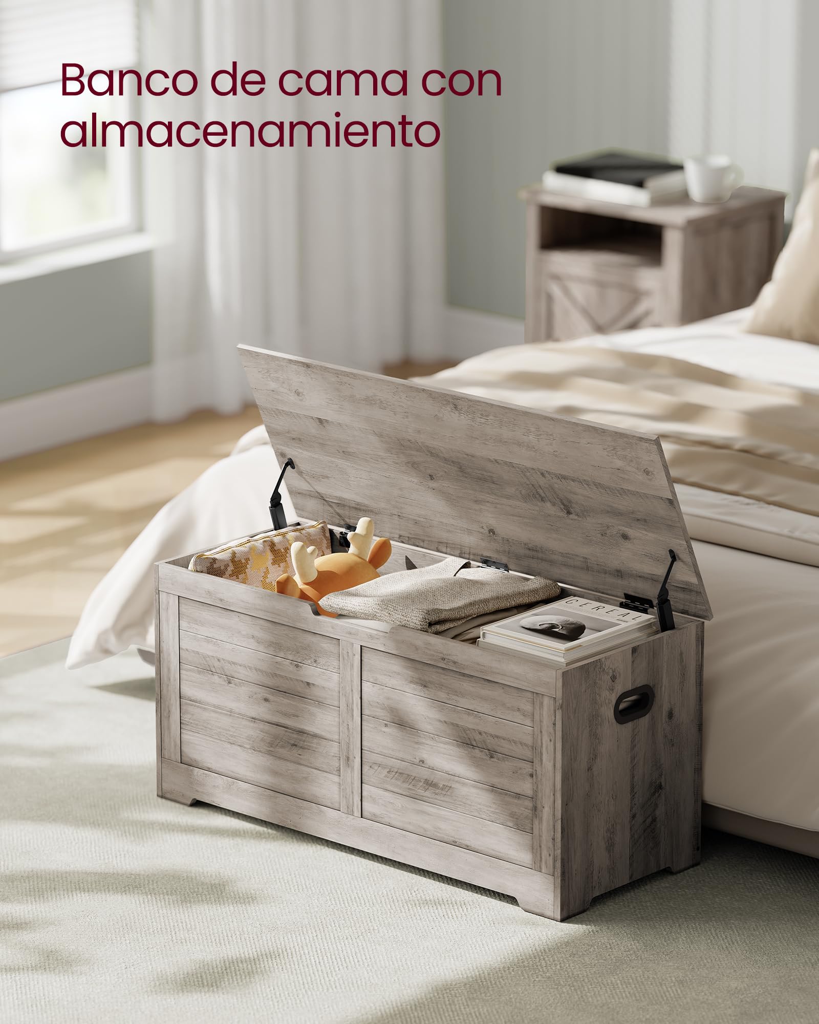 VASAGLE Puff Almacenaje con 2 Bisagras de Seguridad, 40 x 100 x 46 cm | Baúl, Banco Zapatero, Estilo de Campo, para Pasillo Dormitorio Salón, Greige Mélange, Colección SOFIE LSB061K02
