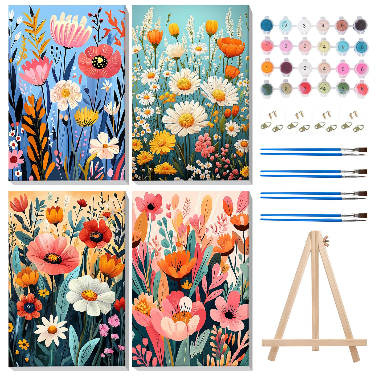MISCER Paquete de 4 pinturas de flores por números para adultos principiantes, kits de pintura de flores por números para niños principiantes, pintura al óleo adecuada para decoración del hogar (8 MISCER Paquete de 4 pinturas de flores por números para adultos principiantes, kits de pintura de flores por números para niños principiantes, pintura al óleo adecuada para decoración del hogar (8